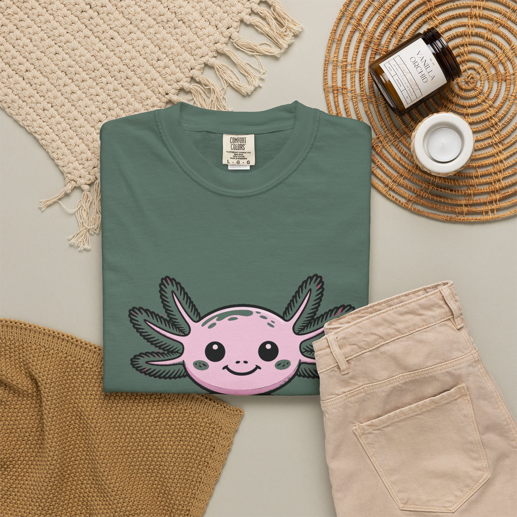 Cute Axolotl Shirt, Smiling Axolotl T-Shirt, Kawaii Axolotl Lover Gift, Garment Dyed Unisex Tee