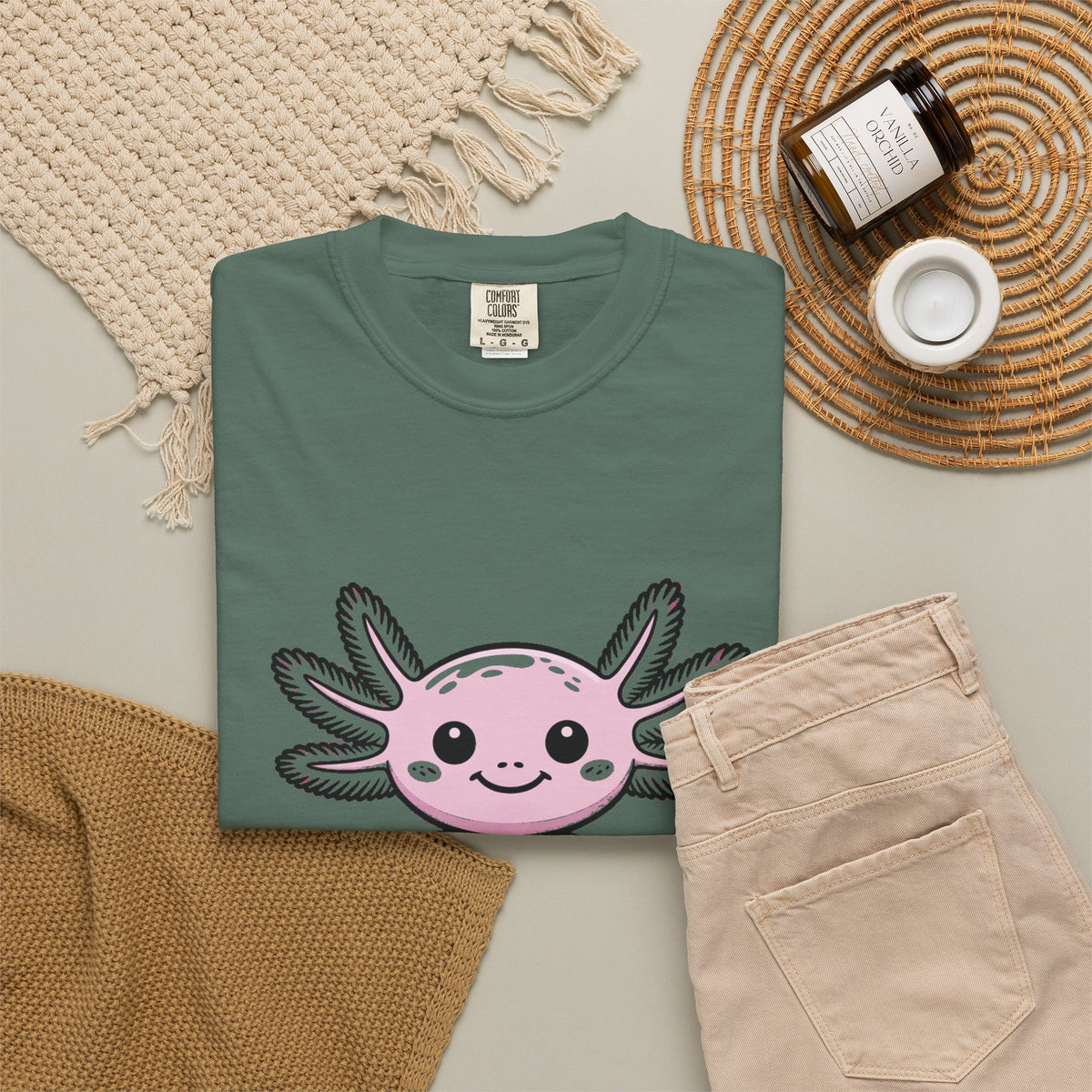 Cute Axolotl Shirt, Smiling Axolotl T-Shirt, Kawaii Axolotl Lover Gift, Garment Dyed Unisex Tee
