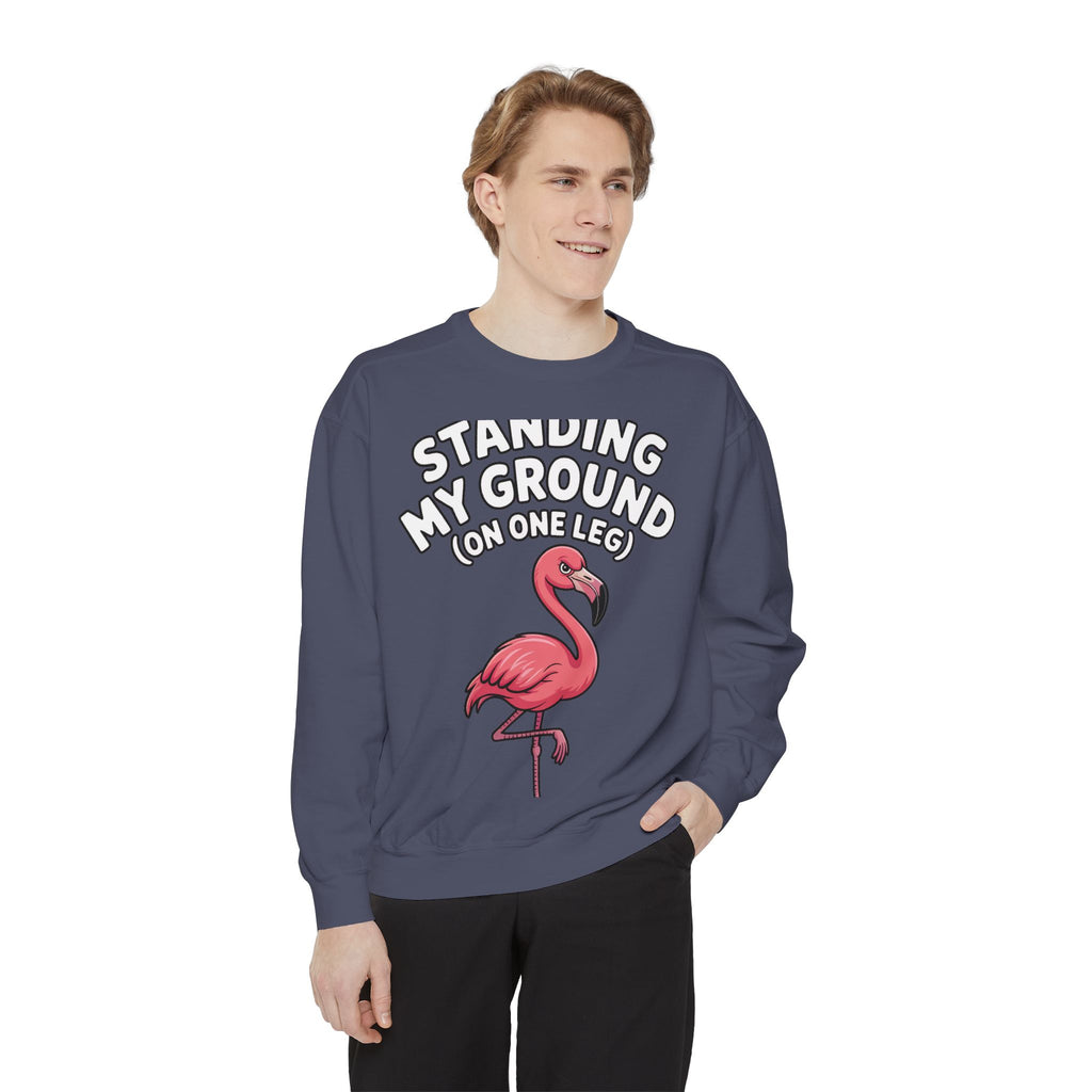 Standing My Ground Flamingo Sweatshirt, Funny One Leg Flamingo Crewneck, Sassy Bird Lover Gift, Embroidered Patch Style Sweatshirt