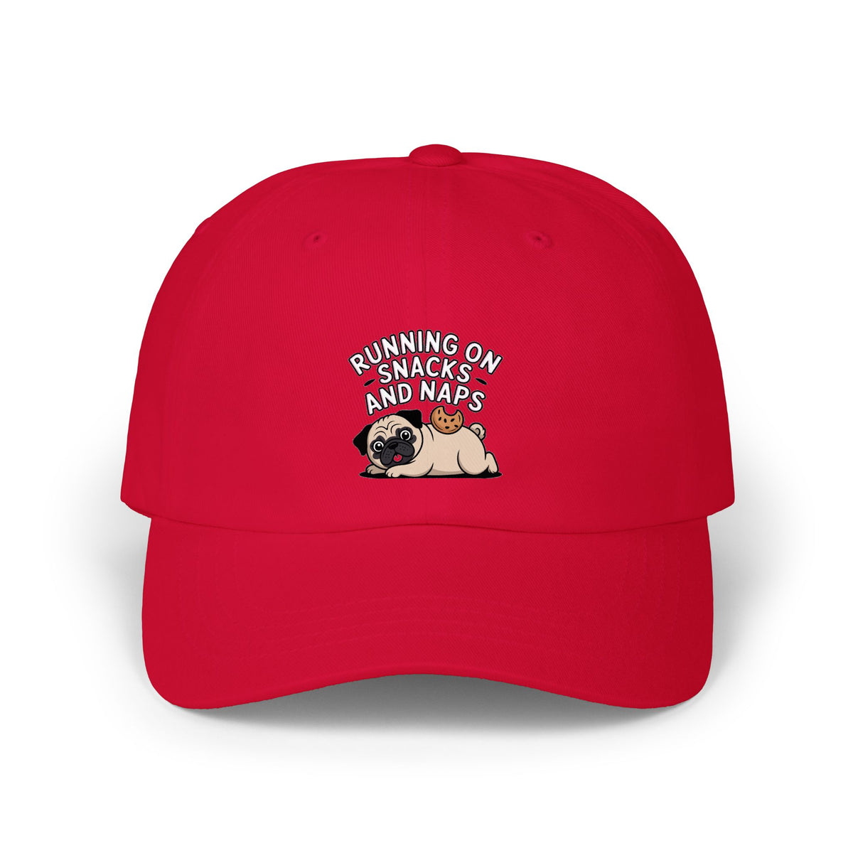 Pug Dad Hat, Funny Pug Cap, Running On Snacks And Naps Embroidered Hat, Cute Pug Lover Gift, Unstructured Dad Cap For Napping Dog Mom