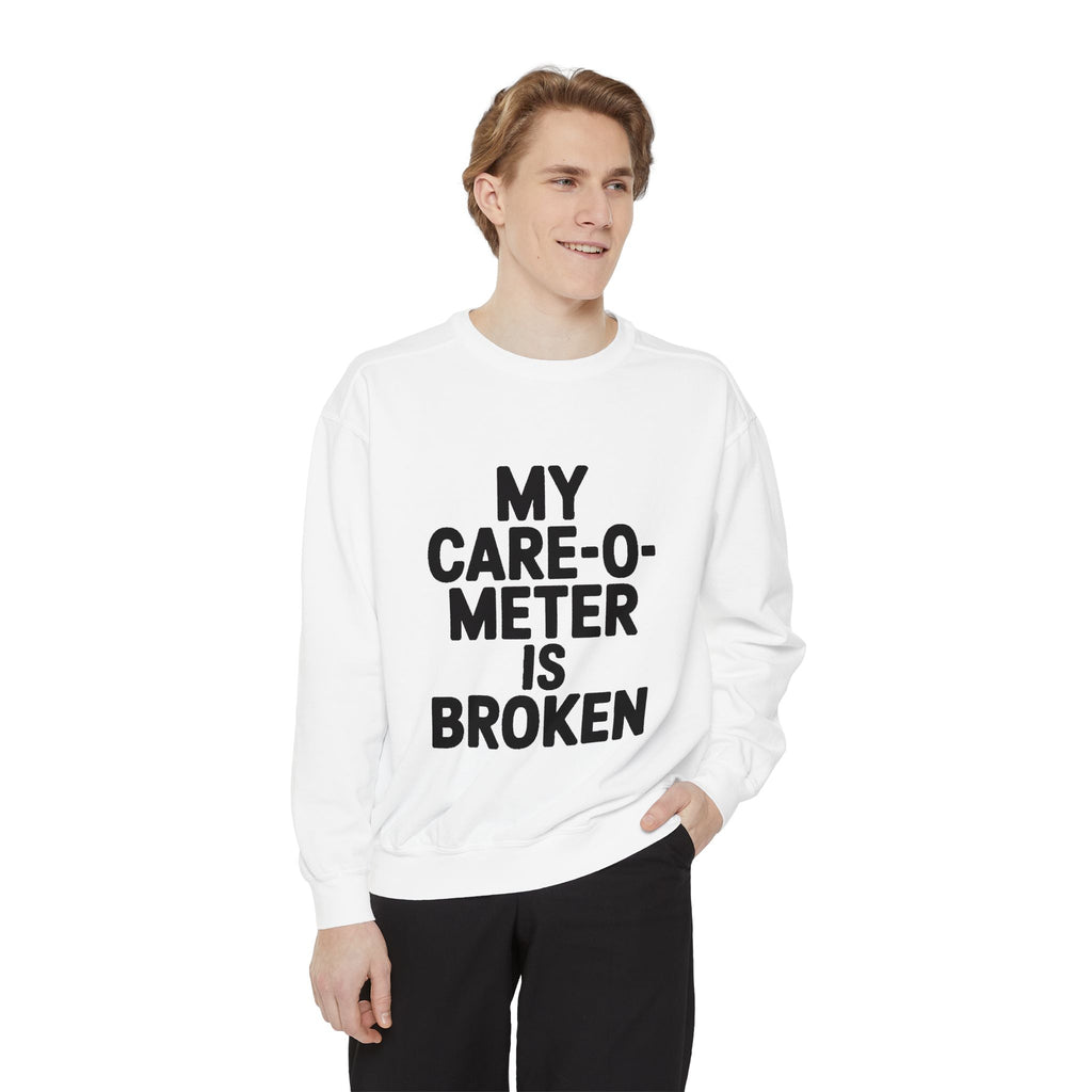 My Care-O-Meter Is Broken Sweatshirt, Funny Sarcastic Crewneck, Embroidered Patch Style Pullover, Snarky Gift for Him or Her