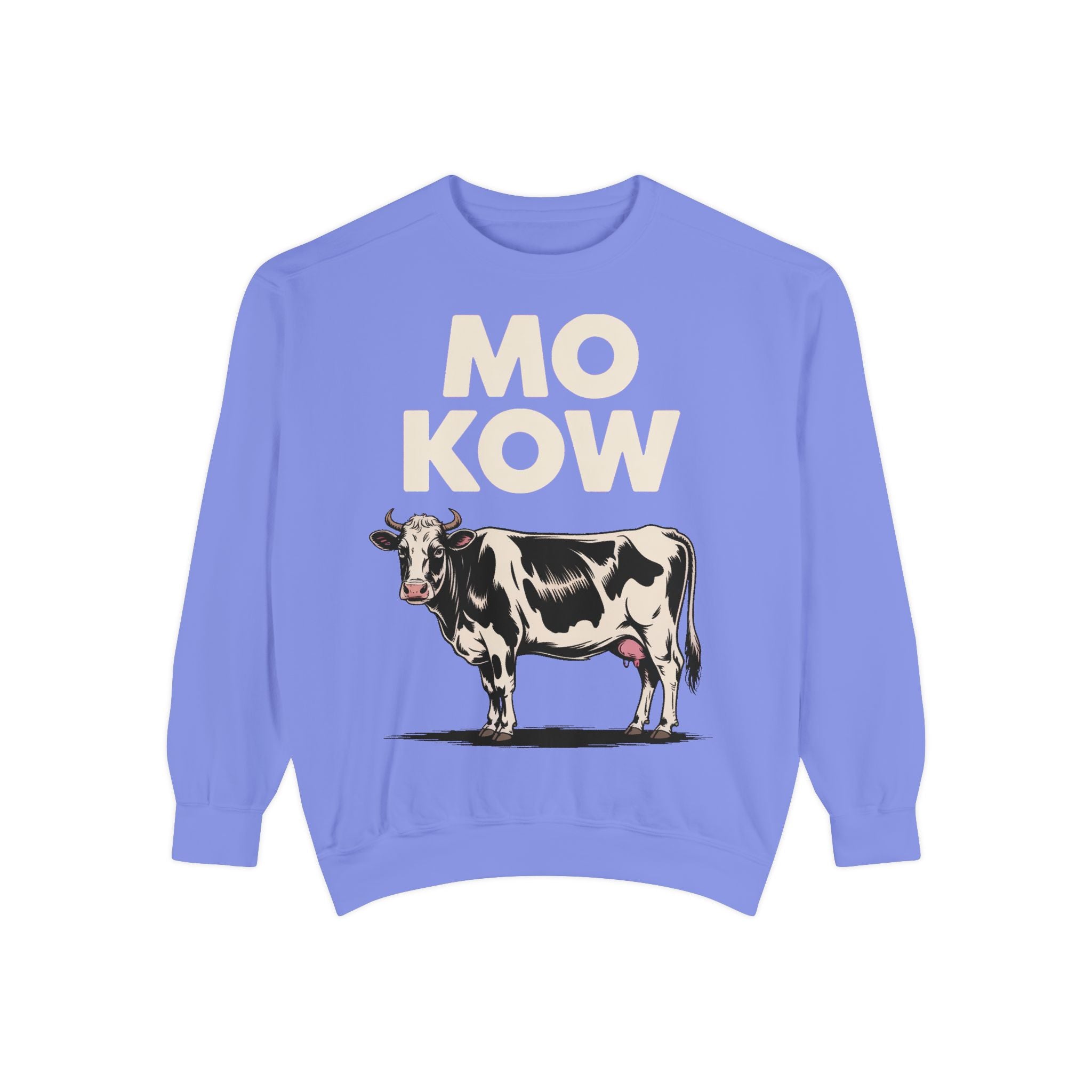 Mo Kow Funny Cow Sweatshirt, Absurd Meme Crewneck, Deadpan Farm Animal Embroidered Sweatshirt, Funny Cow Lover Gift