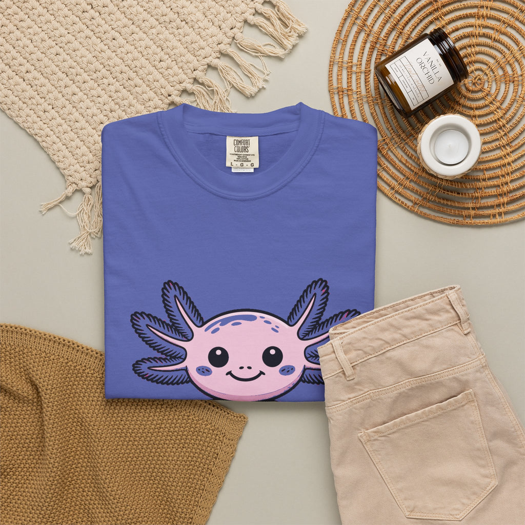 Cute Axolotl Shirt, Smiling Axolotl T-Shirt, Kawaii Axolotl Lover Gift, Garment Dyed Unisex Tee