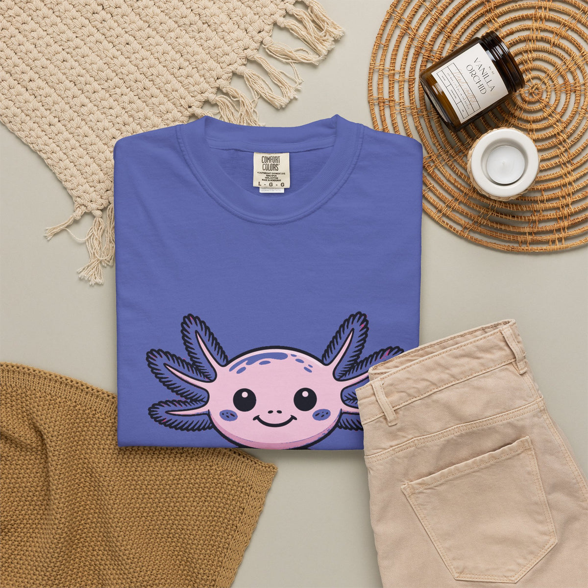 Cute Axolotl Shirt, Smiling Axolotl T-Shirt, Kawaii Axolotl Lover Gift, Garment Dyed Unisex Tee