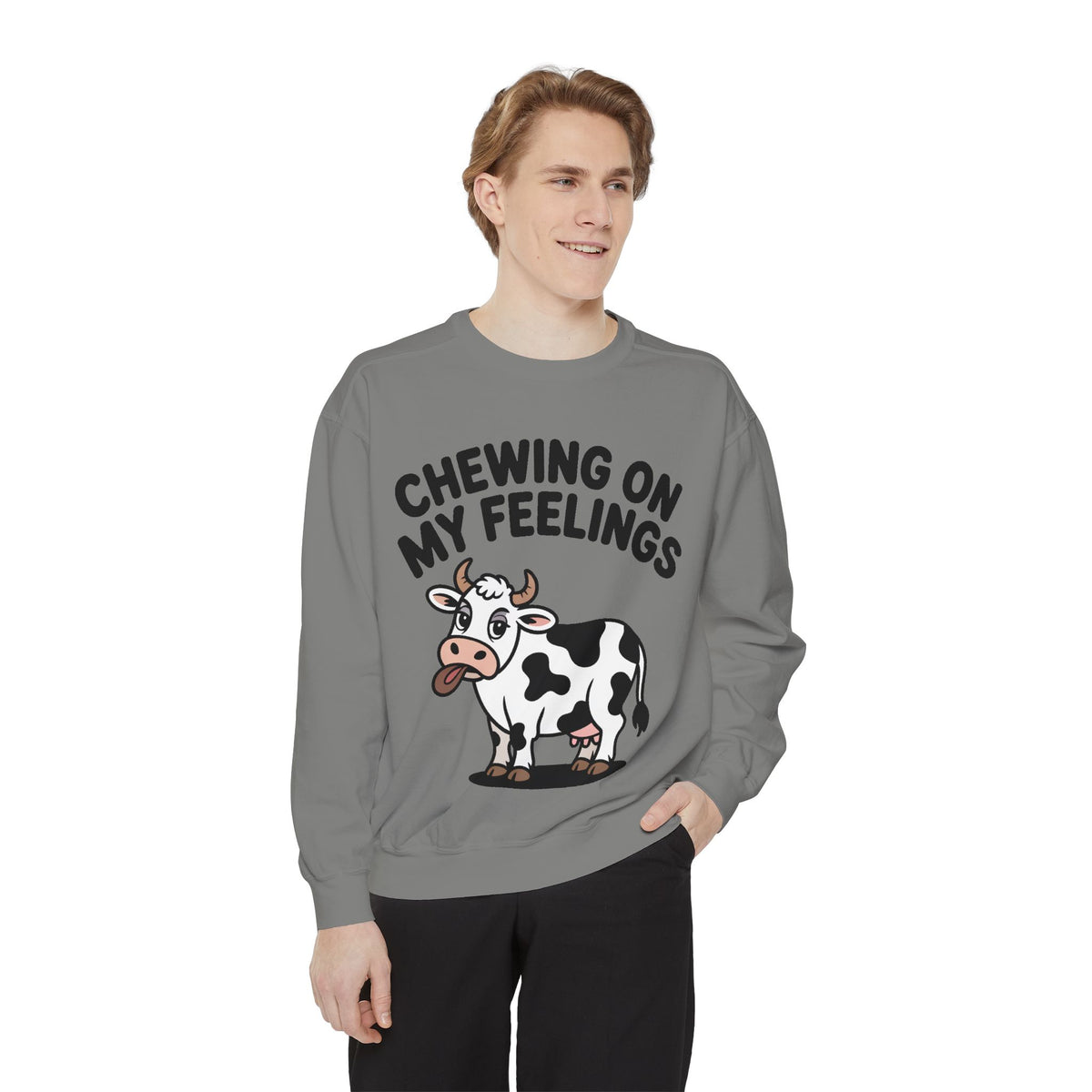 Chewing On My Feelings Sweatshirt, Funny Cow Crewneck, Cute Cow Lover Gift, Embroidered Style Cow Sweatshirt, Funny Farm Animal Shirt
