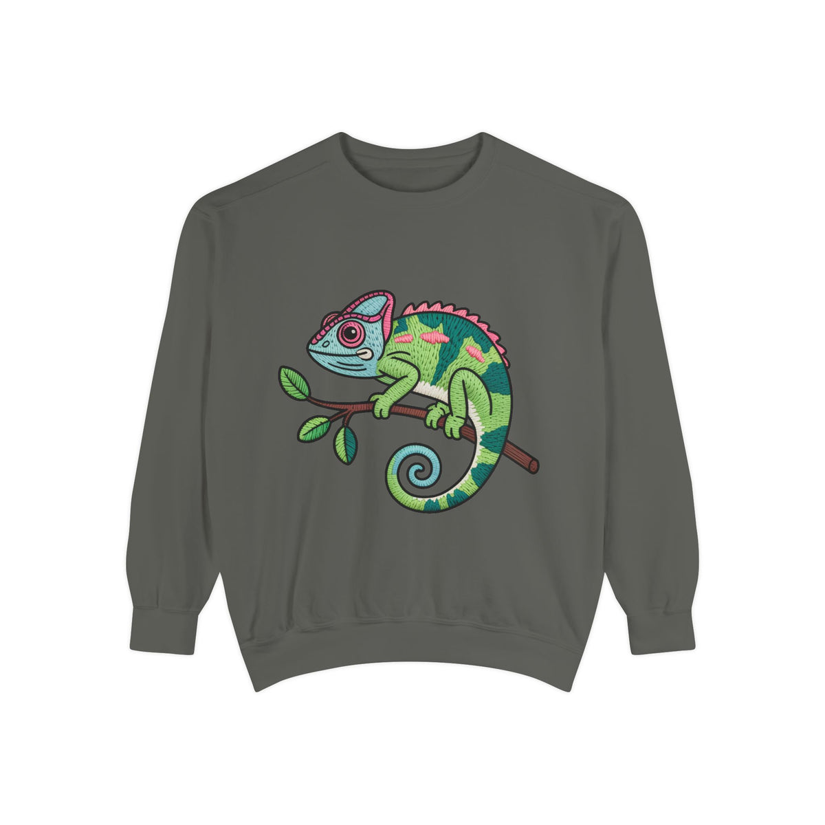 Chameleon Sweatshirt, Cute Embroidered Patch Style Crewneck, Reptile Lover Gift, Garment Dyed Sweatshirt for Nature Lovers