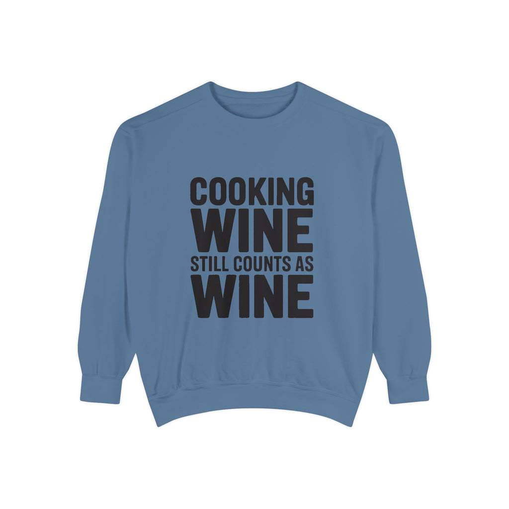 Cooking Wine Still Counts Sweatshirt, Funny Wine Lover Crewneck, Embroidered Kitchen Humor Sweatshirt, Gift for Wine Drinkers