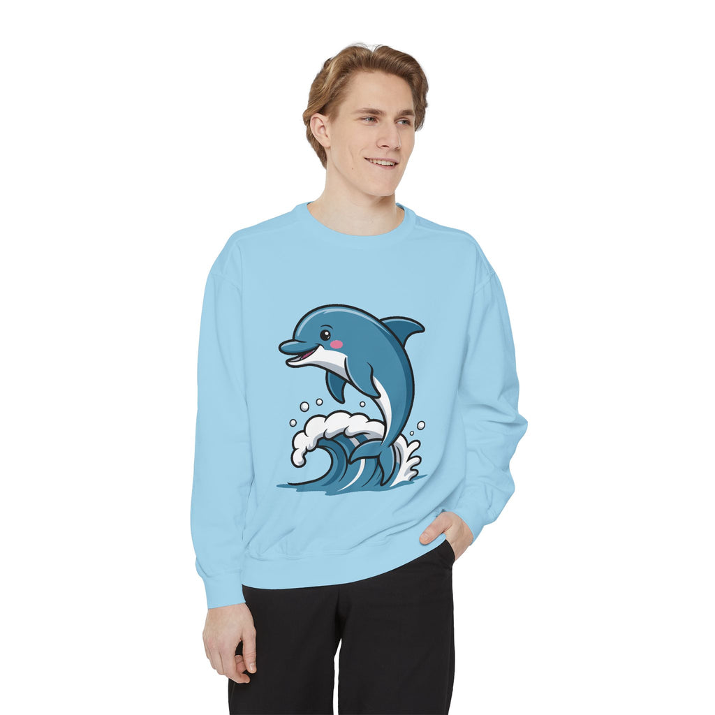 Cute Dolphin Sweatshirt, Embroidered Wave Crewneck, Ocean Lover Gift, Garment Dyed Beach Sweatshirt for Women Men