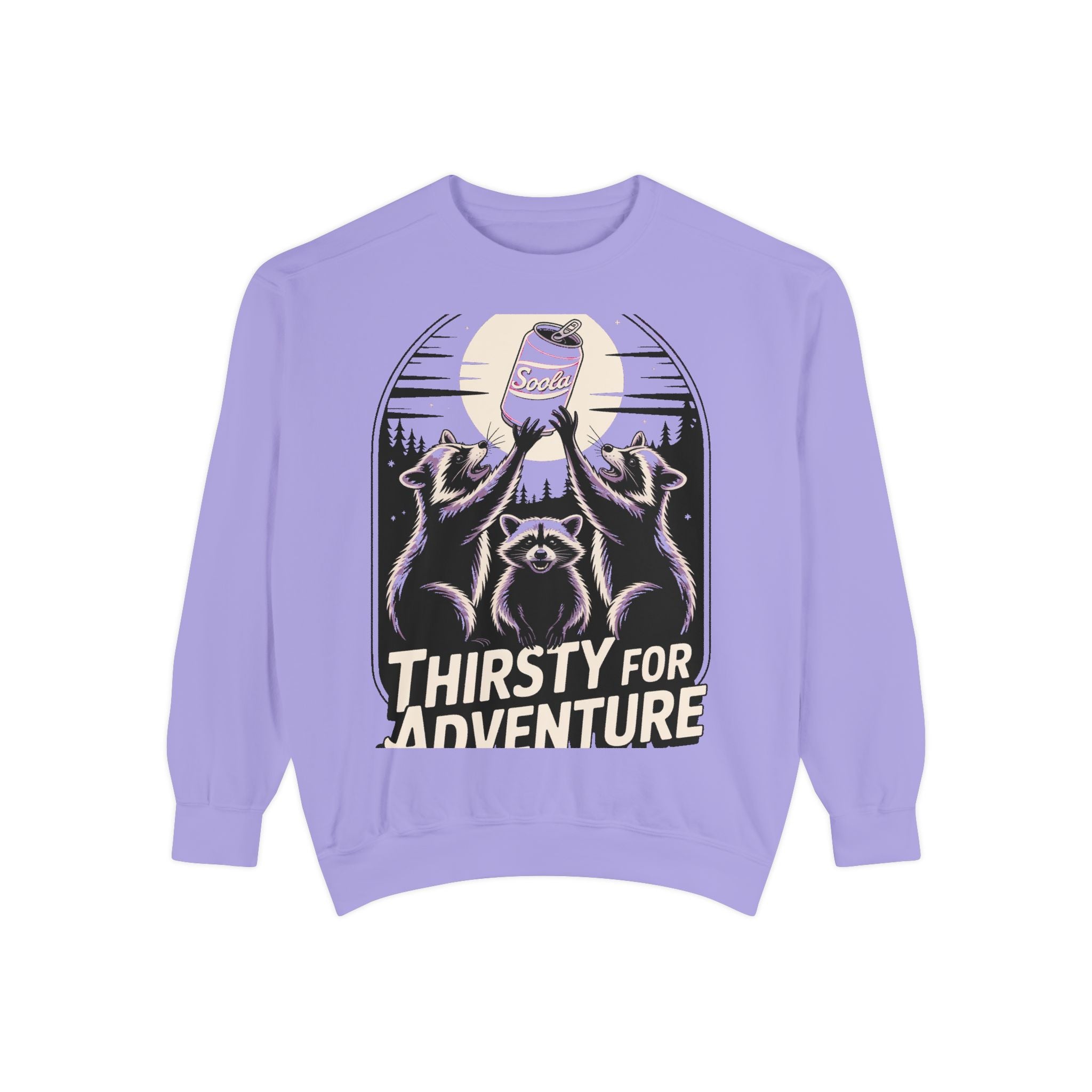 Thirsty For Adventure Raccoons Sweatshirt, Funny Vintage Poster Crewneck, Retro Raccoon Graphic Sweatshirt Gift