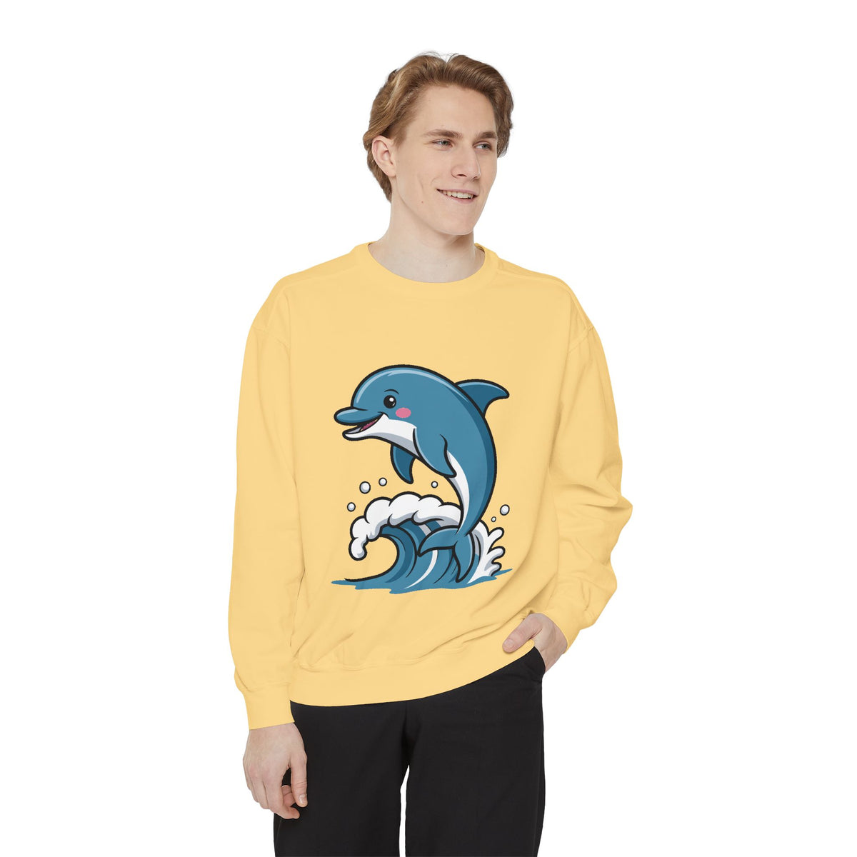 Cute Dolphin Sweatshirt, Embroidered Wave Crewneck, Ocean Lover Gift, Garment Dyed Beach Sweatshirt for Women Men