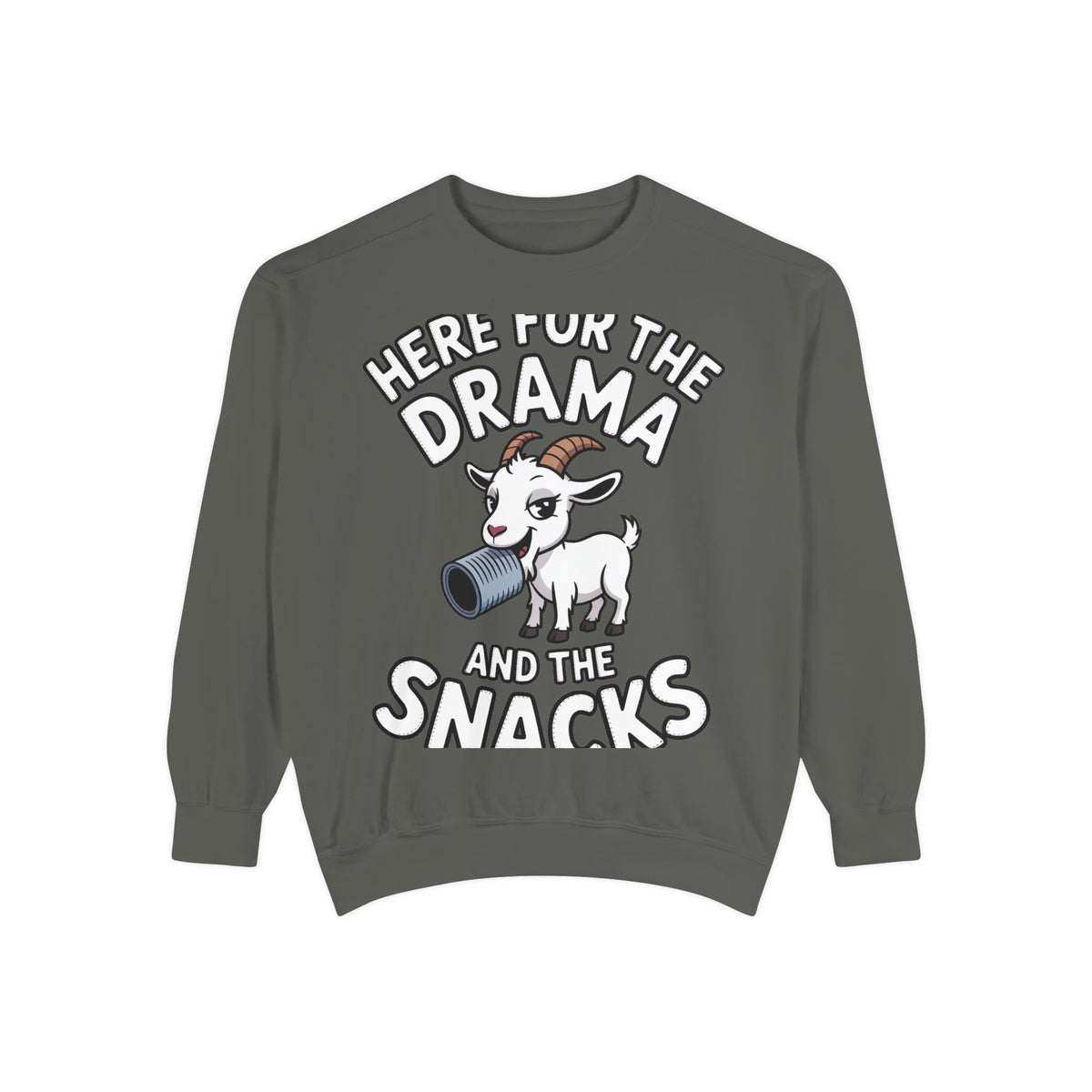 Funny Goat Sweatshirt, Here For The Drama And The Snacks Crewneck, Cute Goat Lover Gift, Embroidered Patch Style Sweatshirt