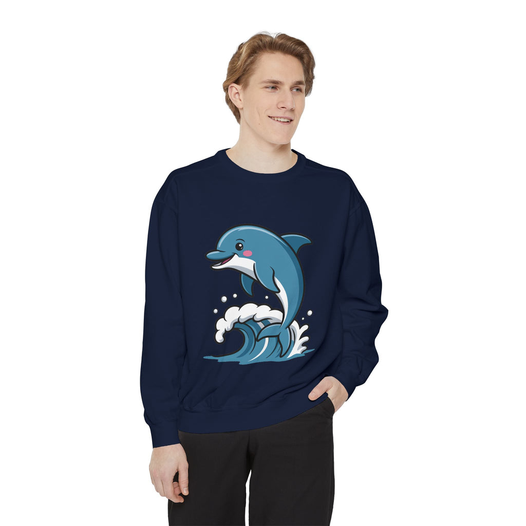 Cute Dolphin Sweatshirt, Embroidered Wave Crewneck, Ocean Lover Gift, Garment Dyed Beach Sweatshirt for Women Men