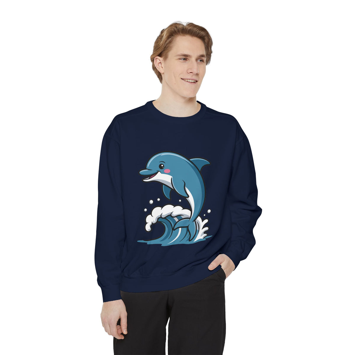 Cute Dolphin Sweatshirt, Embroidered Wave Crewneck, Ocean Lover Gift, Garment Dyed Beach Sweatshirt for Women Men
