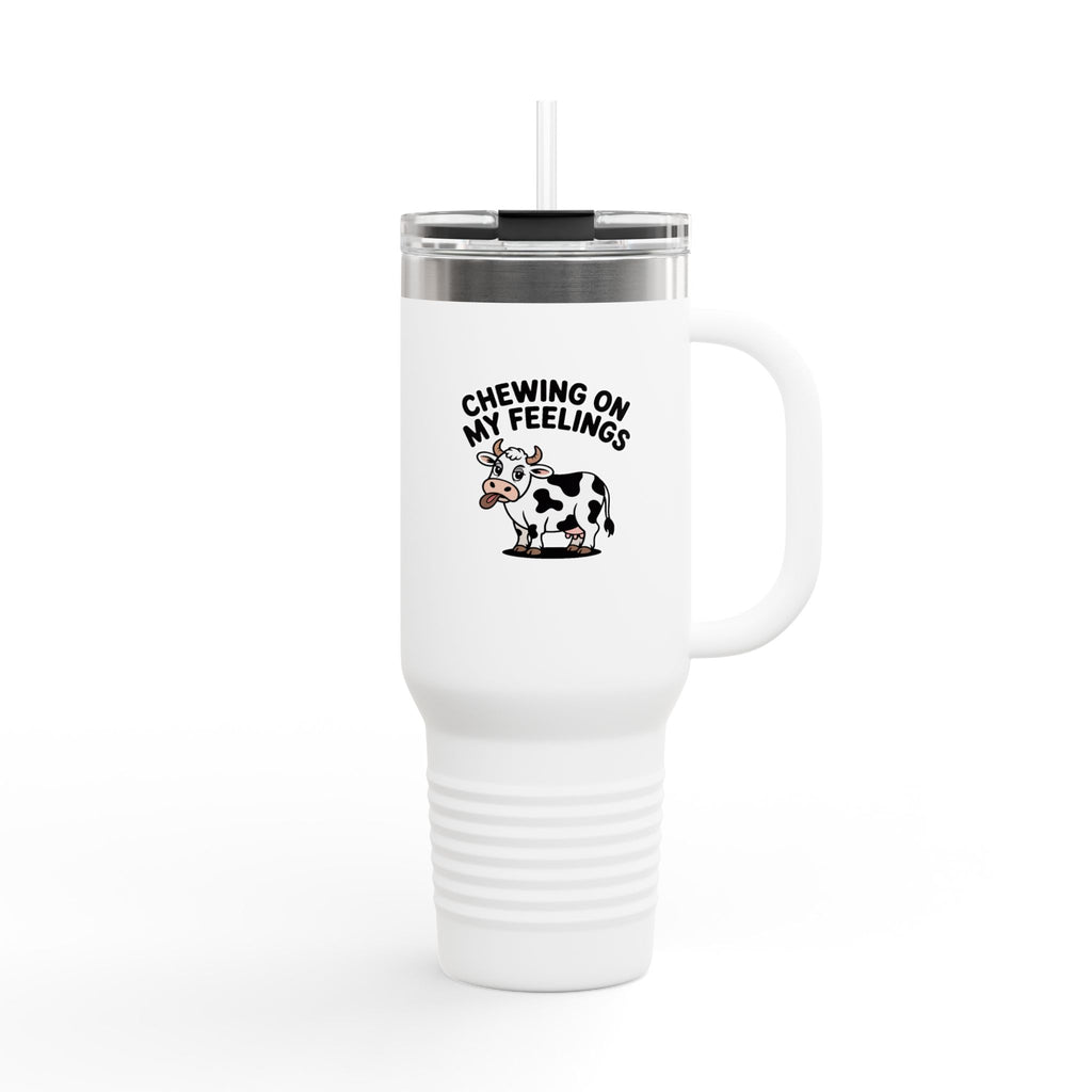 Chewing On My Feelings Tumbler, Funny Cow 40oz Travel Mug, Cute Cow Lover Gift, Emotional Support Cow Cup, Sarcastic Coffee Tumbler