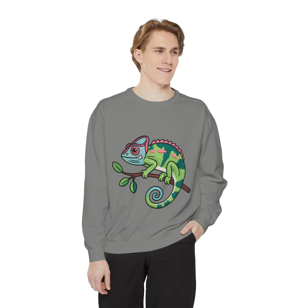 Chameleon Sweatshirt, Cute Embroidered Patch Style Crewneck, Reptile Lover Gift, Garment Dyed Sweatshirt for Nature Lovers