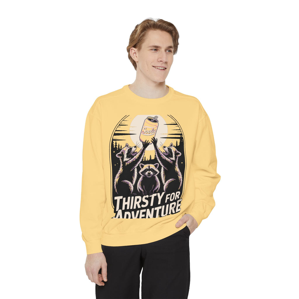 Thirsty For Adventure Raccoons Sweatshirt, Funny Vintage Poster Crewneck, Retro Raccoon Graphic Sweatshirt Gift
