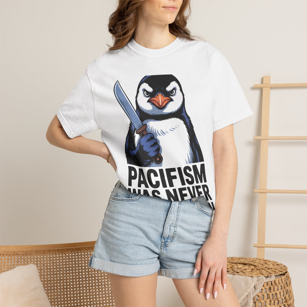 Funny Penguin Shirt, Pacifism Was Never An Option Tee, Dramatic Penguin With Knife T-Shirt, Sarcastic Meme Gift Shirt