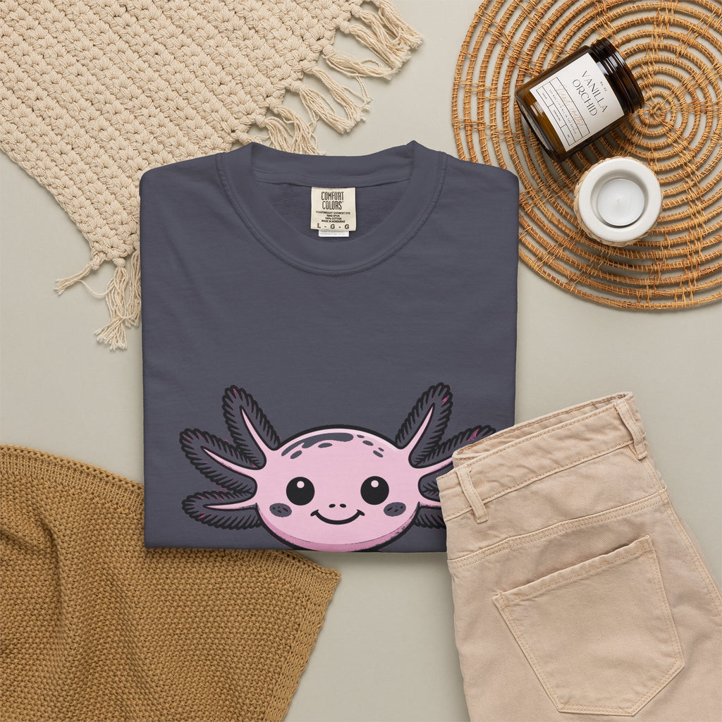 Cute Axolotl Shirt, Smiling Axolotl T-Shirt, Kawaii Axolotl Lover Gift, Garment Dyed Unisex Tee