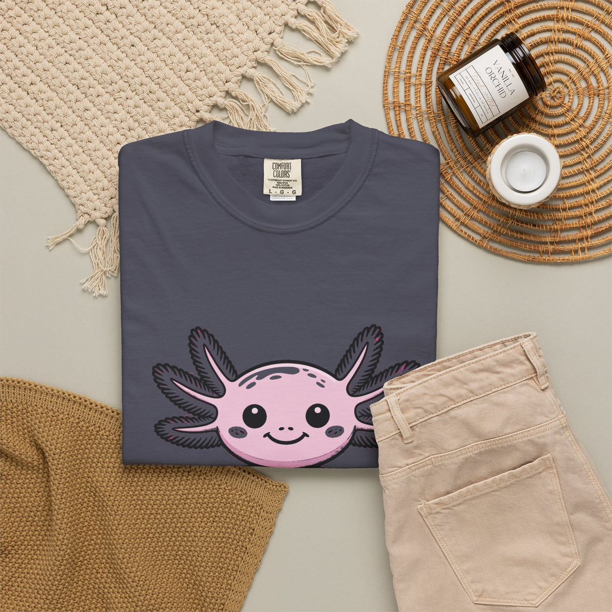 Cute Axolotl Shirt, Smiling Axolotl T-Shirt, Kawaii Axolotl Lover Gift, Garment Dyed Unisex Tee