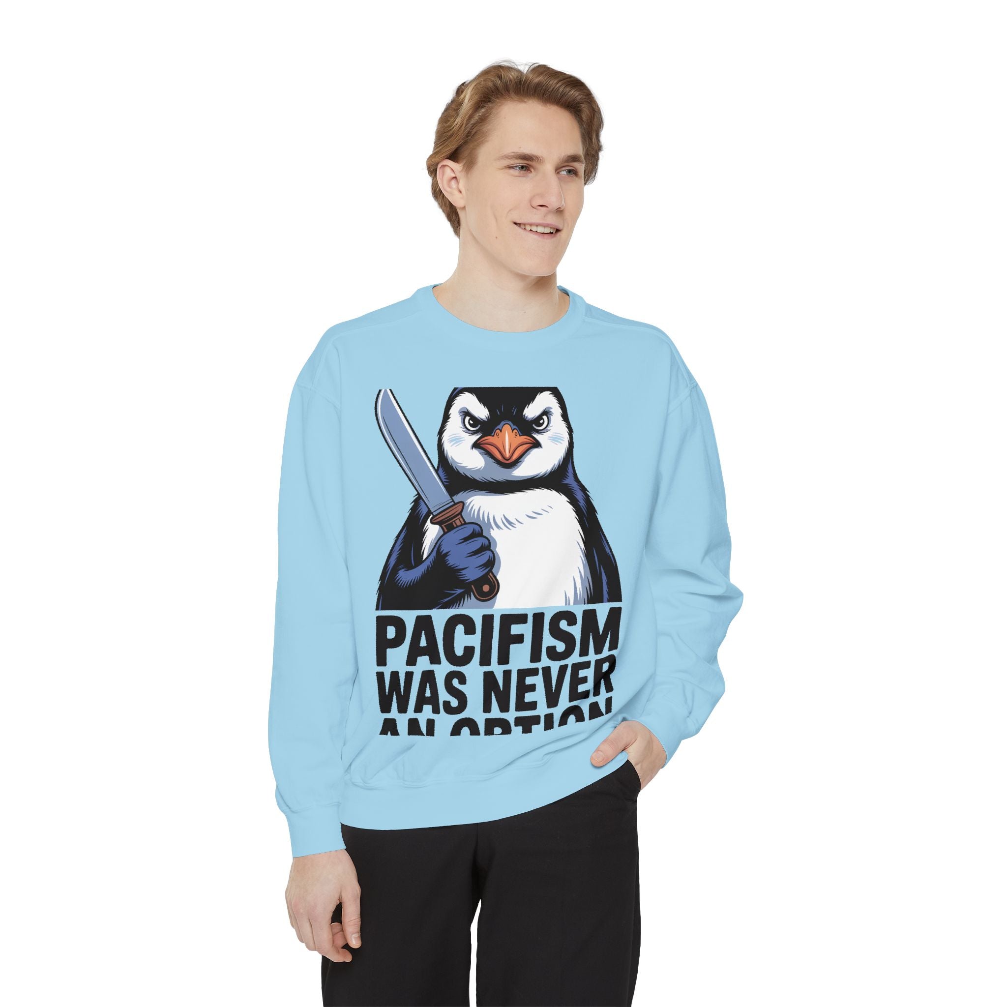 Pacifism Was Never An Option Penguin Sweatshirt, Funny Butter Knife Penguin Crewneck, Vintage Poster Style Graphic Sweatshirt Gift