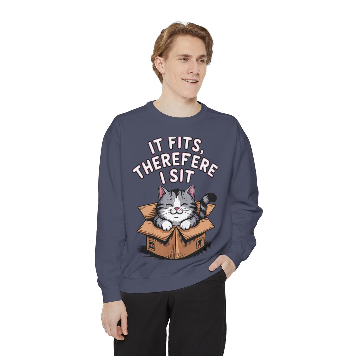 Funny Cat Sweatshirt, It Fits Therefore I Sit Crewneck, Cat In Box Embroidered Sweatshirt, Cat Lover Gift, Funny Cat Lover Sweater