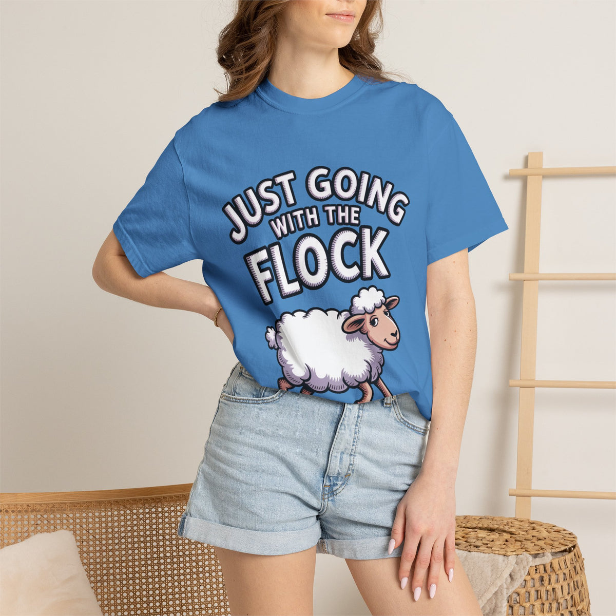 Funny Sheep T-Shirt, 'Just Going With The Flock' Shirt, Cute Cartoon Sheep Tee, Sarcastic Gift for Introverts