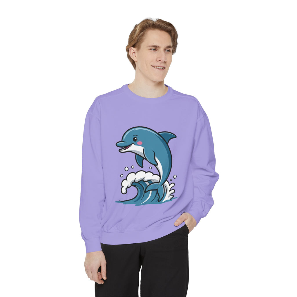 Cute Dolphin Sweatshirt, Embroidered Wave Crewneck, Ocean Lover Gift, Garment Dyed Beach Sweatshirt for Women Men