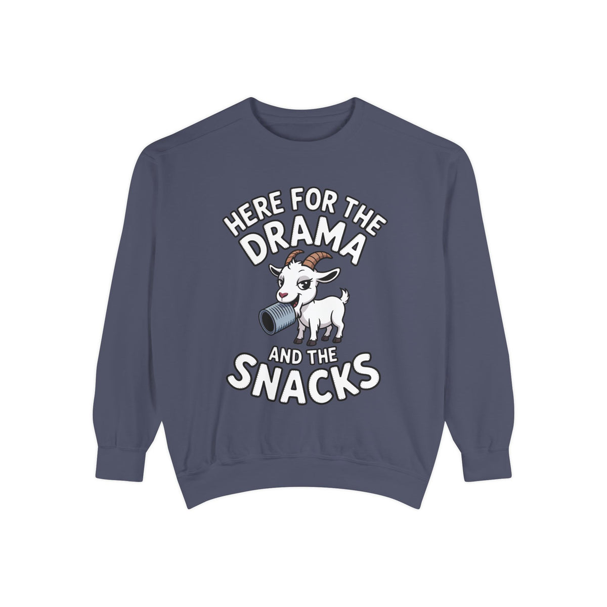 Funny Goat Sweatshirt, Here For The Drama And The Snacks Crewneck, Cute Goat Lover Gift, Embroidered Patch Style Sweatshirt