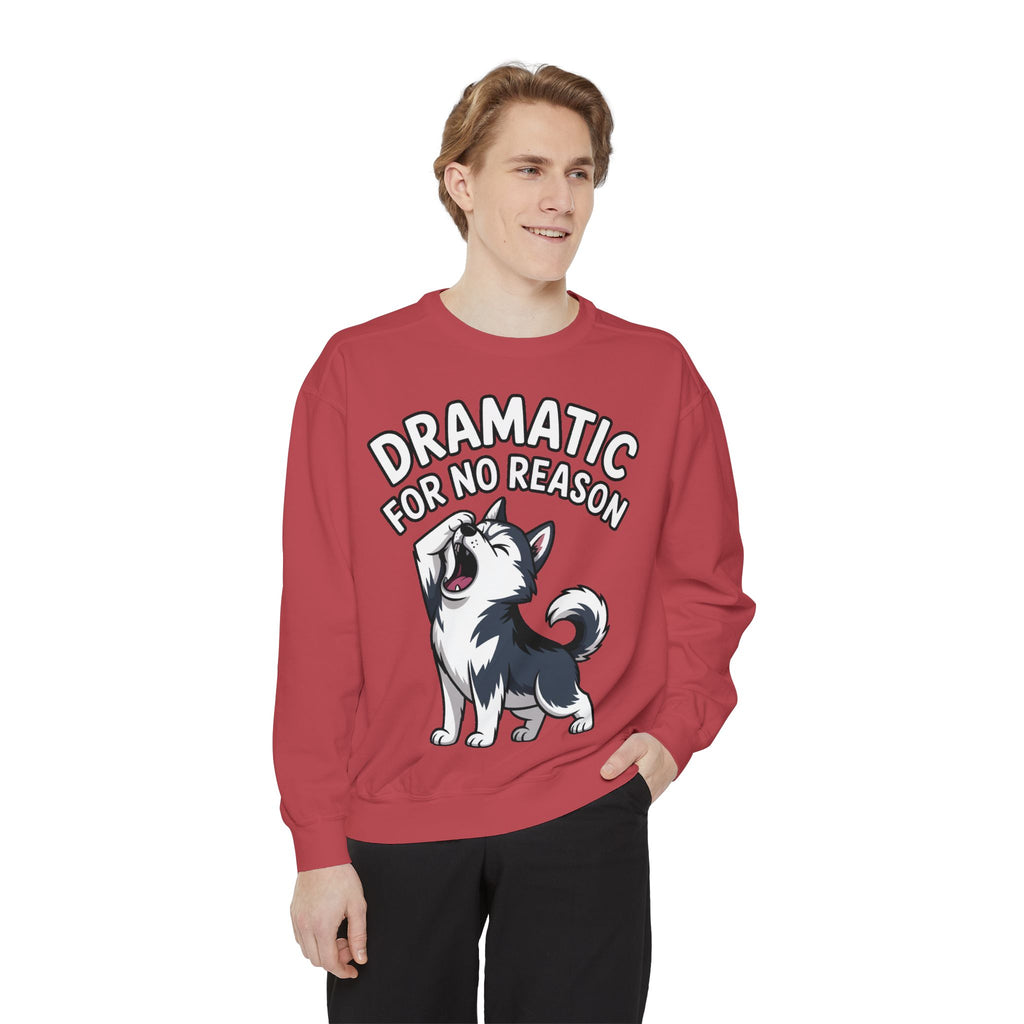 Dramatic Husky Sweatshirt, Funny Dog Lover Crewneck, Cute Cartoon Husky Embroidered Patch Style Sweatshirt, Gift for Husky Mom