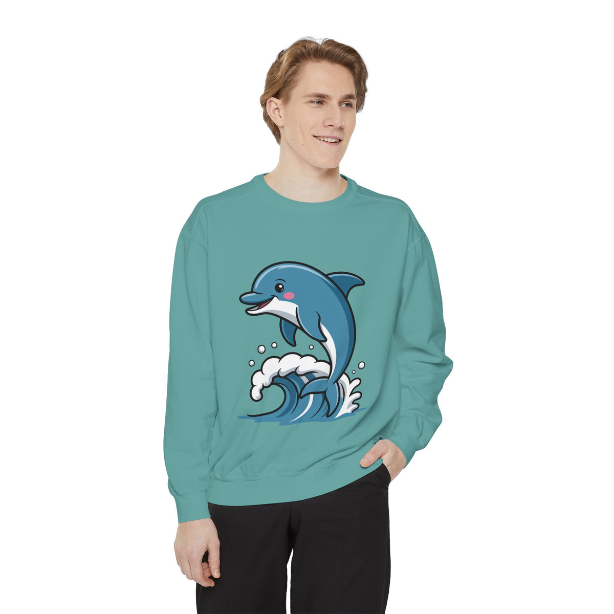 Cute Dolphin Sweatshirt, Embroidered Wave Crewneck, Ocean Lover Gift, Garment Dyed Beach Sweatshirt for Women Men