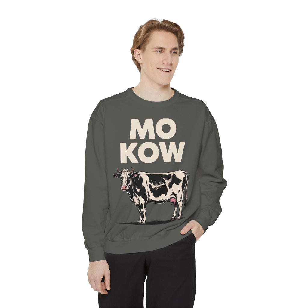 Mo Kow Funny Cow Sweatshirt, Absurd Meme Crewneck, Deadpan Farm Animal Embroidered Sweatshirt, Funny Cow Lover Gift