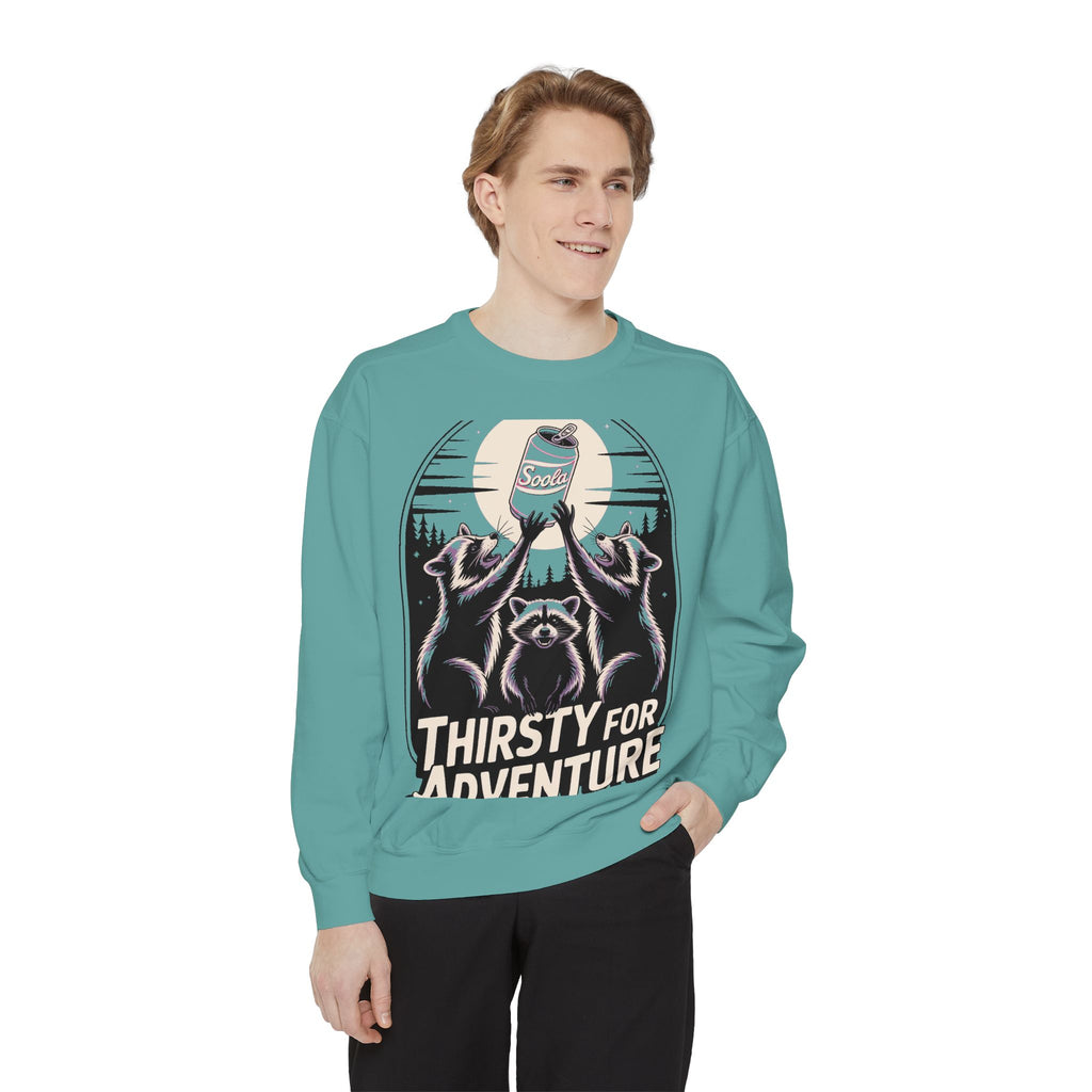 Thirsty For Adventure Raccoons Sweatshirt, Funny Vintage Poster Crewneck, Retro Raccoon Graphic Sweatshirt Gift