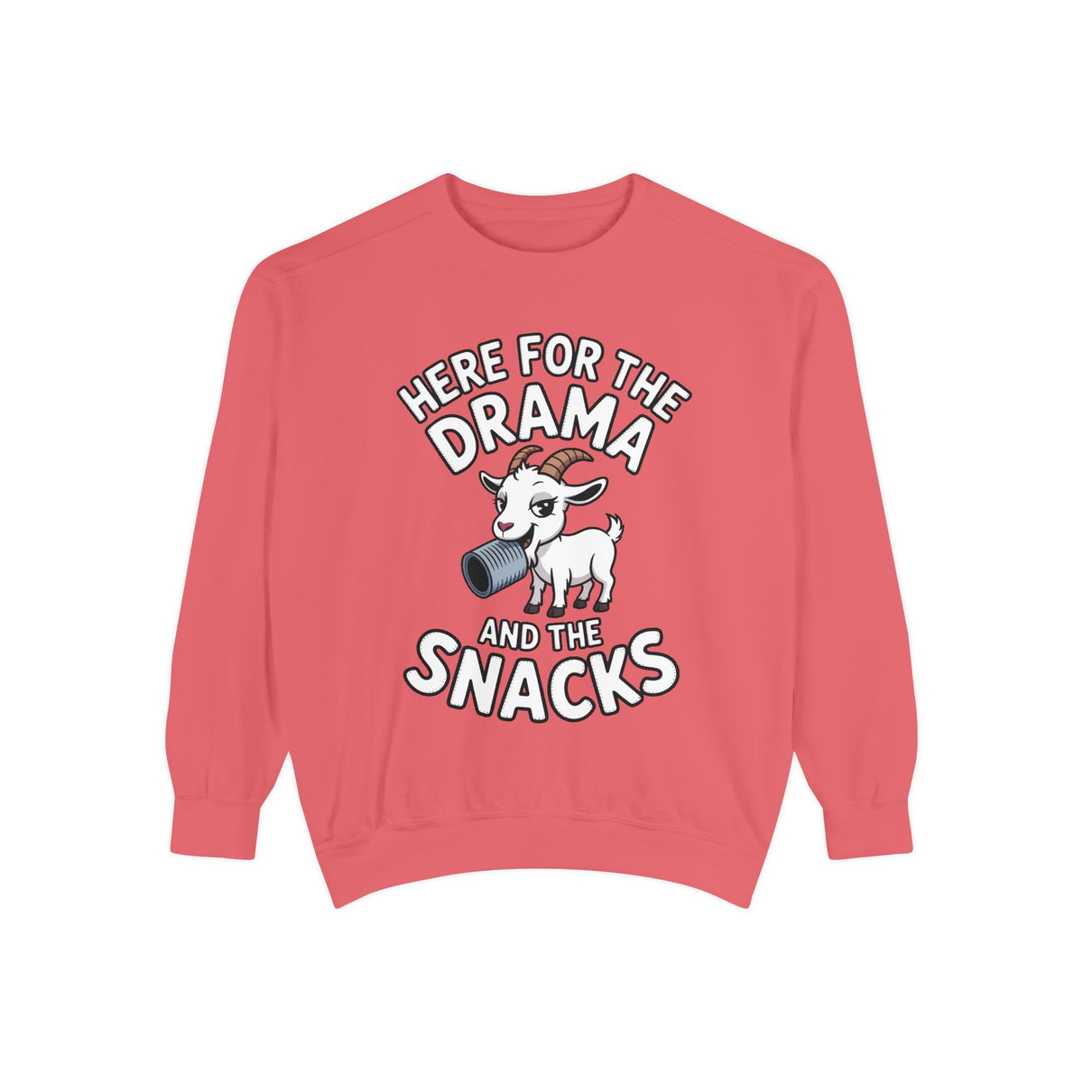 Funny Goat Sweatshirt, Here For The Drama And The Snacks Crewneck, Cute Goat Lover Gift, Embroidered Patch Style Sweatshirt