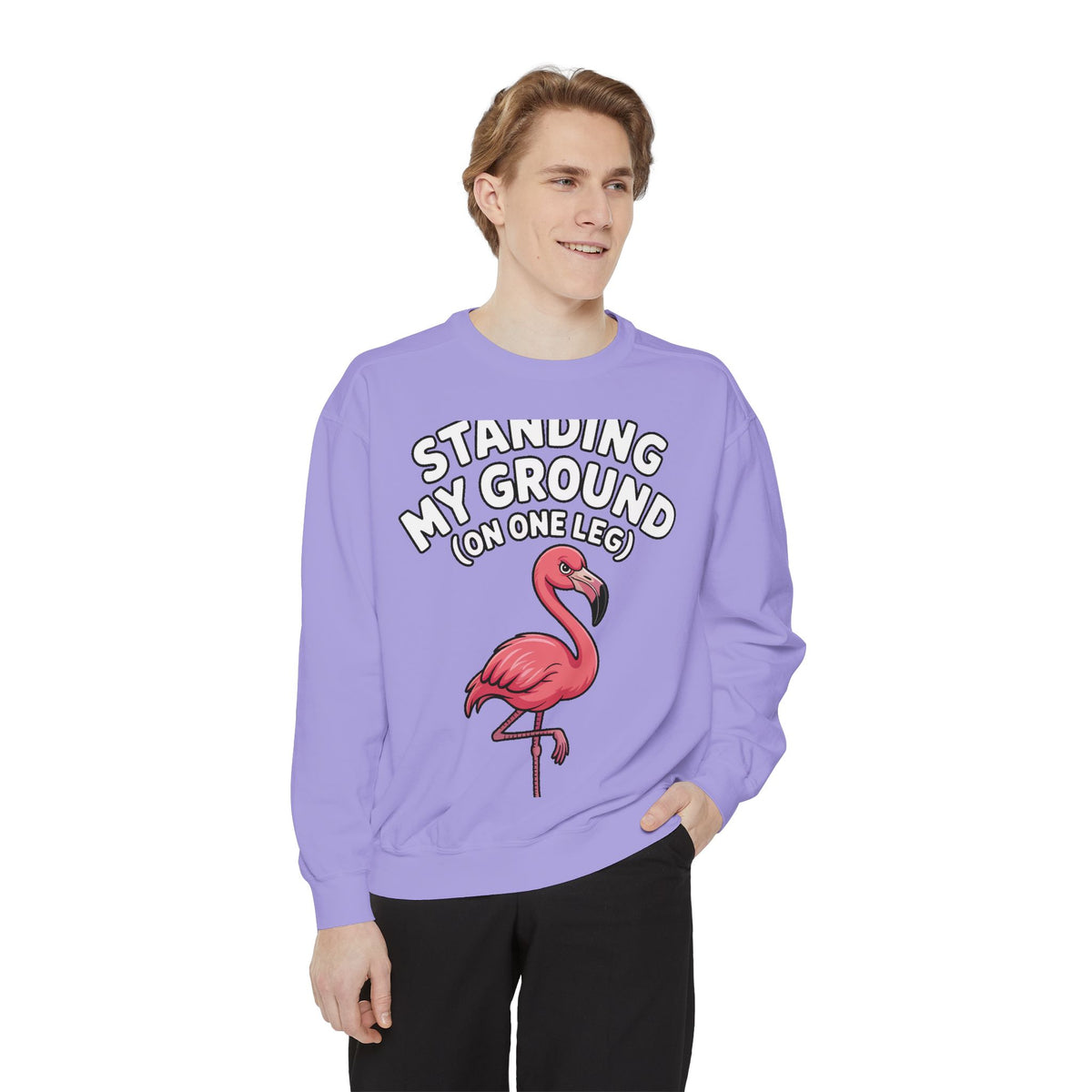 Standing My Ground Flamingo Sweatshirt, Funny One Leg Flamingo Crewneck, Sassy Bird Lover Gift, Embroidered Patch Style Sweatshirt