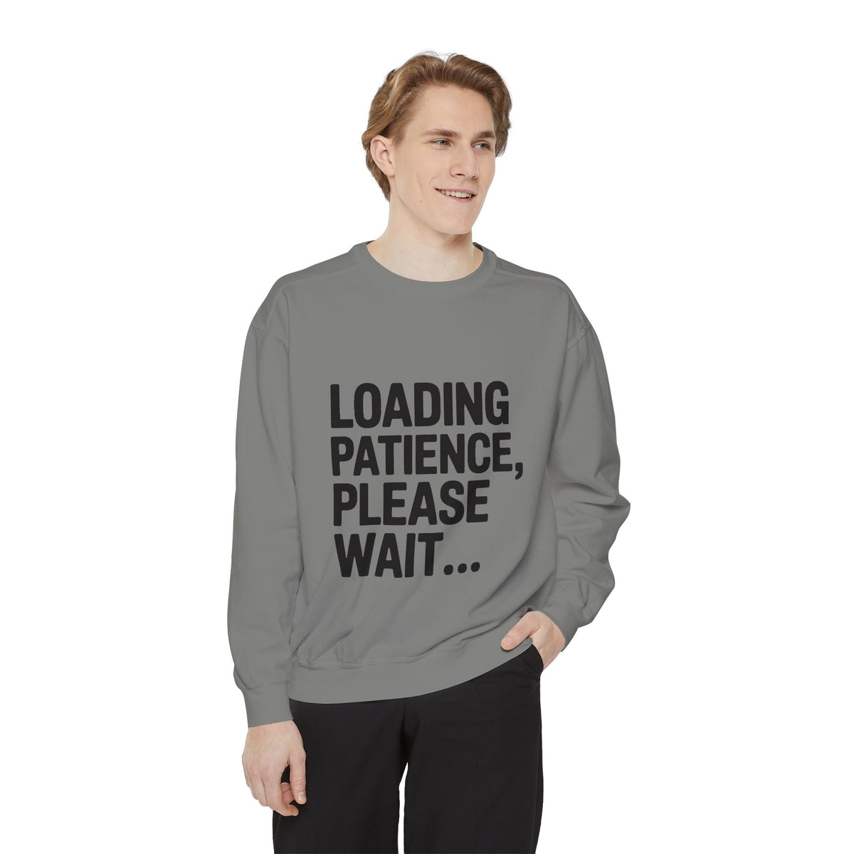 Loading Patience Please Wait Sweatshirt, Funny Sarcastic Crewneck, Embroidered Patch Style Pullover, Gift for Tired Adults