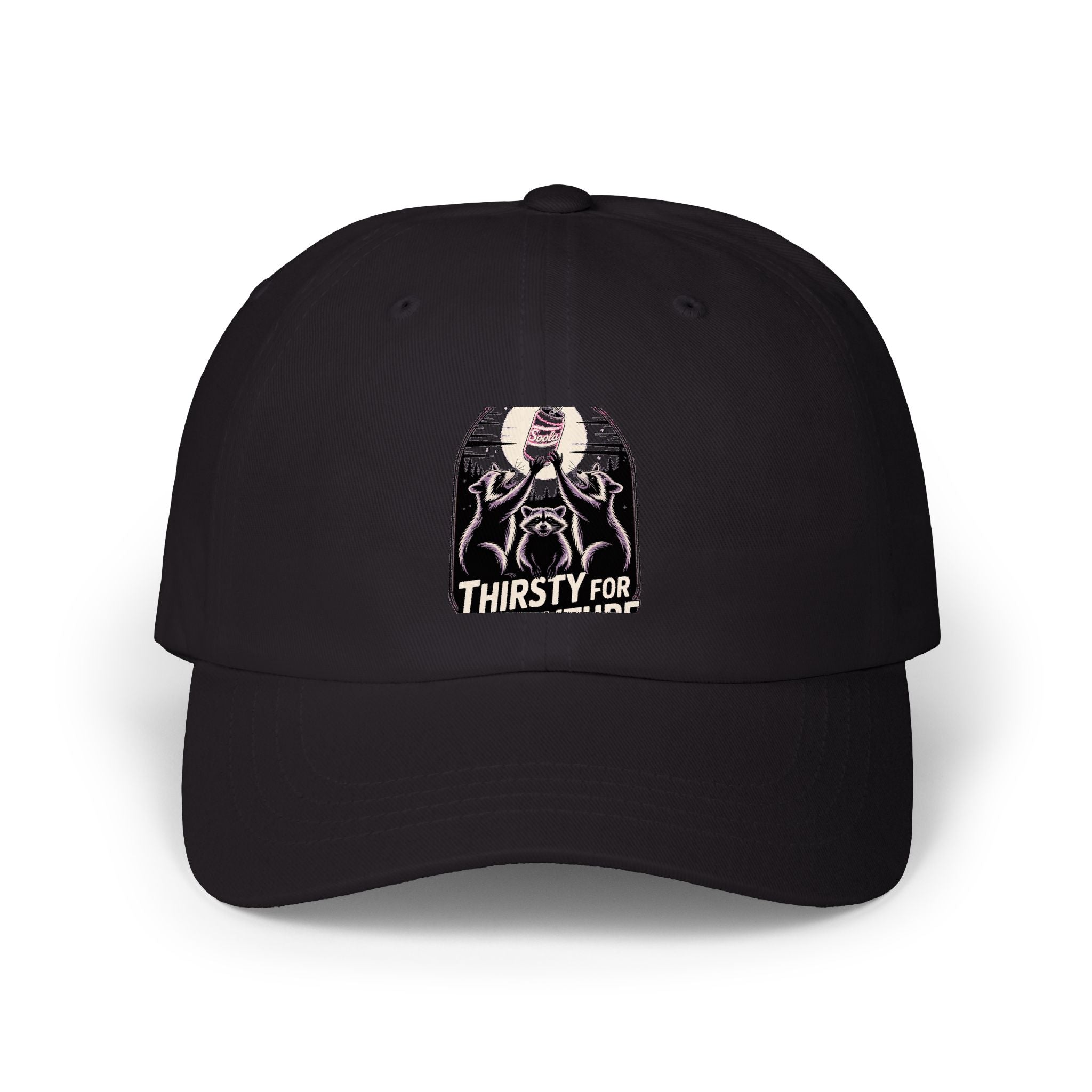 Thirsty For Adventure Raccoons Dad Cap, Funny Raccoon Hat, Vintage Poster Style Embroidered Cap, Camping Hiking Gift