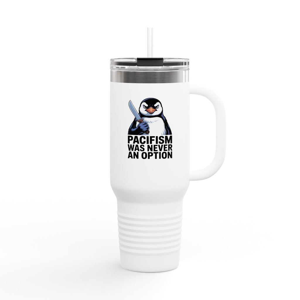 Funny Penguin Travel Mug 40oz, Pacifism Was Never An Option Tumbler, Sarcastic Bird Lover Gift, Vintage Poster Style Insulated Cup