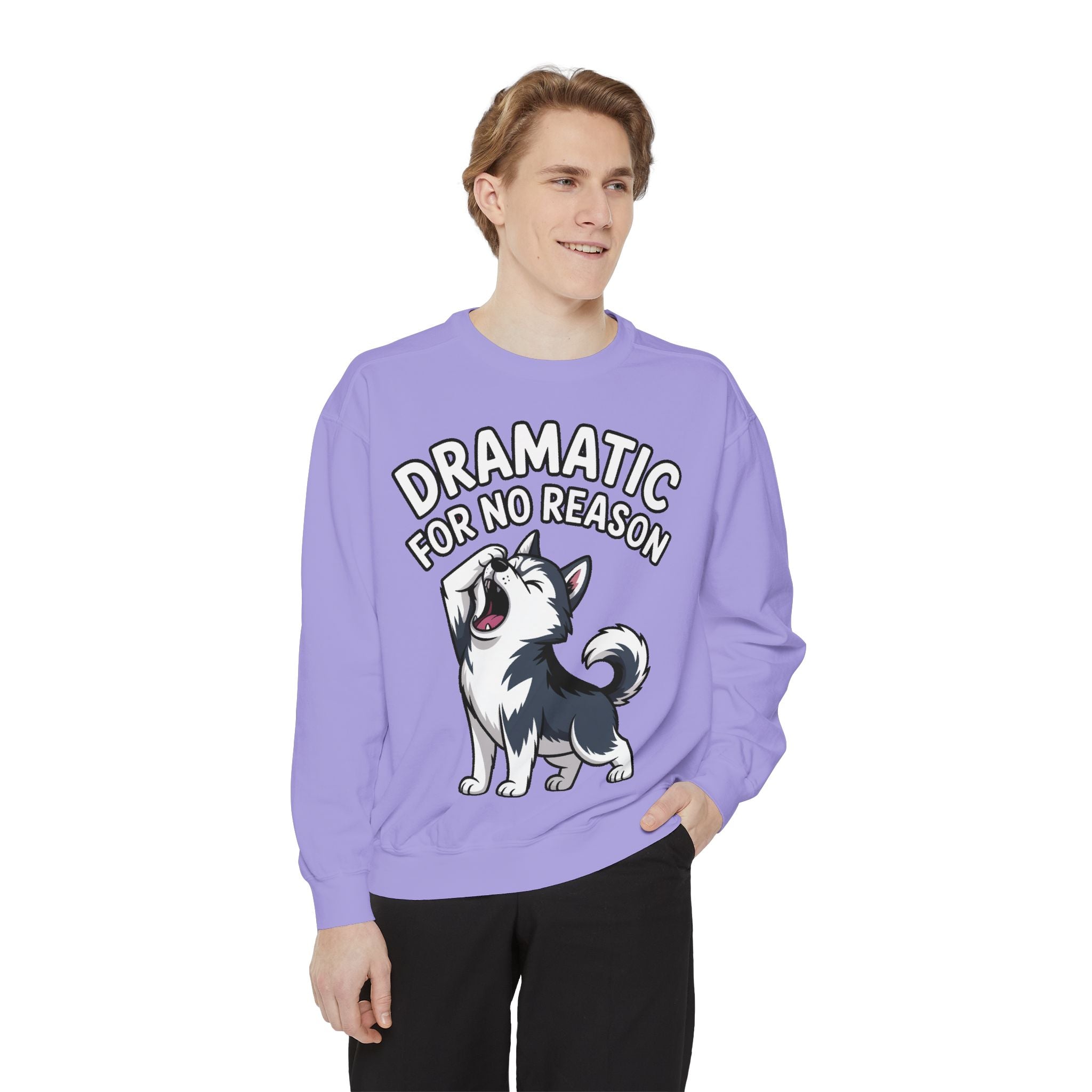 Dramatic Husky Sweatshirt, Funny Dog Lover Crewneck, Cute Cartoon Husky Embroidered Patch Style Sweatshirt, Gift for Husky Mom