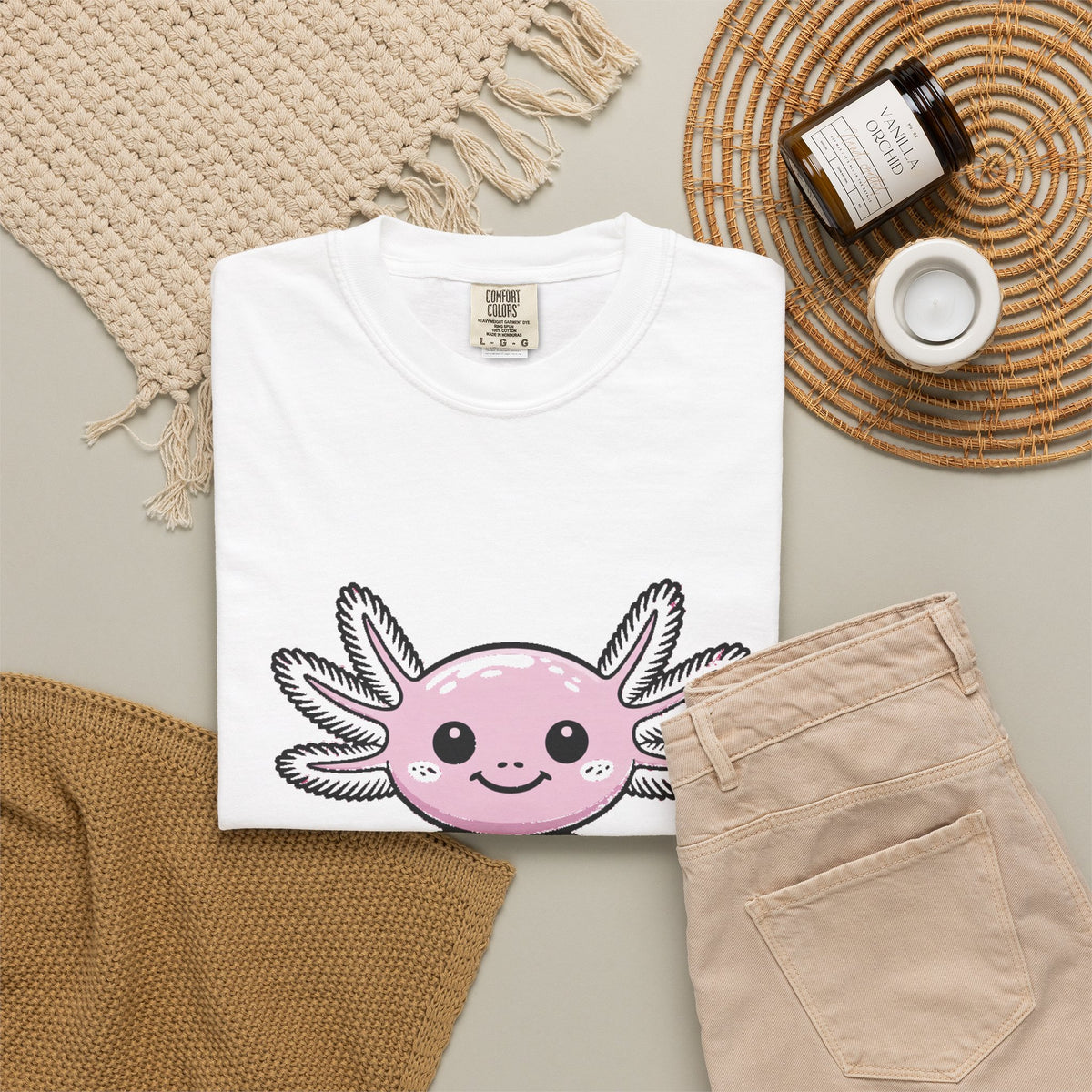 Cute Axolotl Shirt, Smiling Axolotl T-Shirt, Kawaii Axolotl Lover Gift, Garment Dyed Unisex Tee
