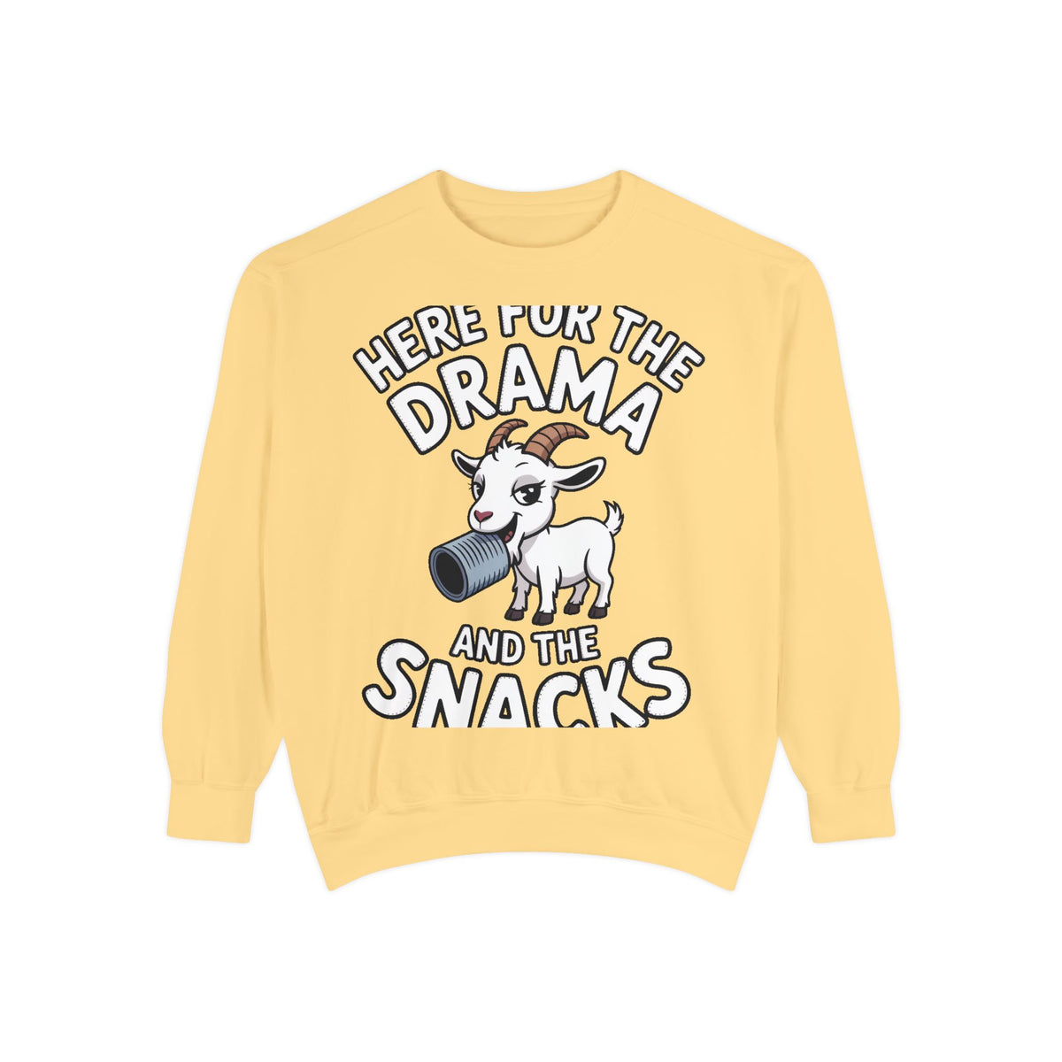 Funny Goat Sweatshirt, Here For The Drama And The Snacks Crewneck, Cute Goat Lover Gift, Embroidered Patch Style Sweatshirt