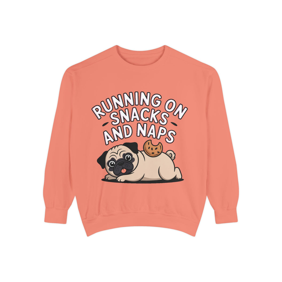 Pug Sweatshirt, Funny Running On Snacks And Naps Crewneck, Cute Pug Lover Gift, Embroidered Patch Style Dog Sweater