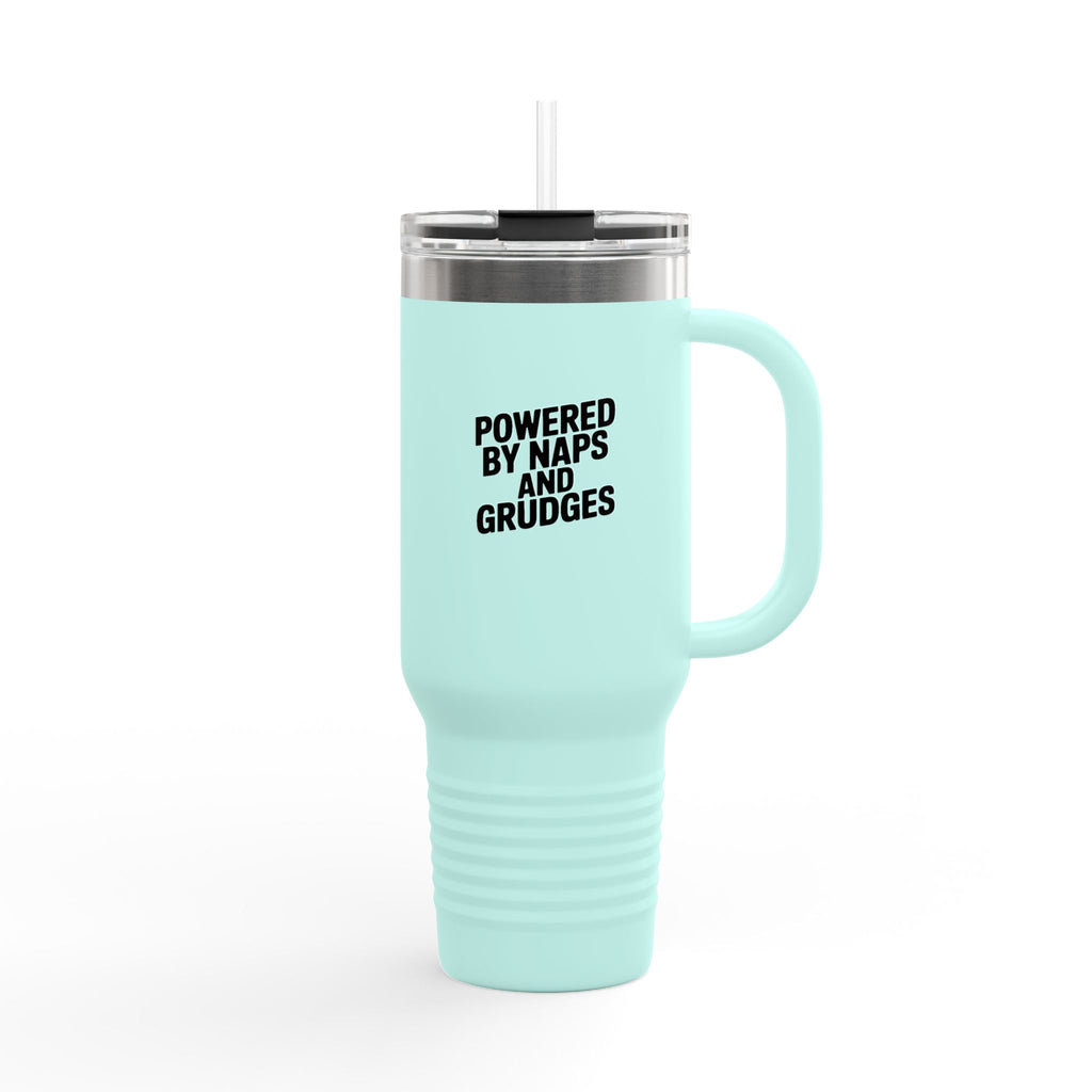 Powered By Naps And Grudges Tumbler, Funny Sarcastic Travel Mug, 40oz Insulated Cup With Handle And Straw, Snarky Gift