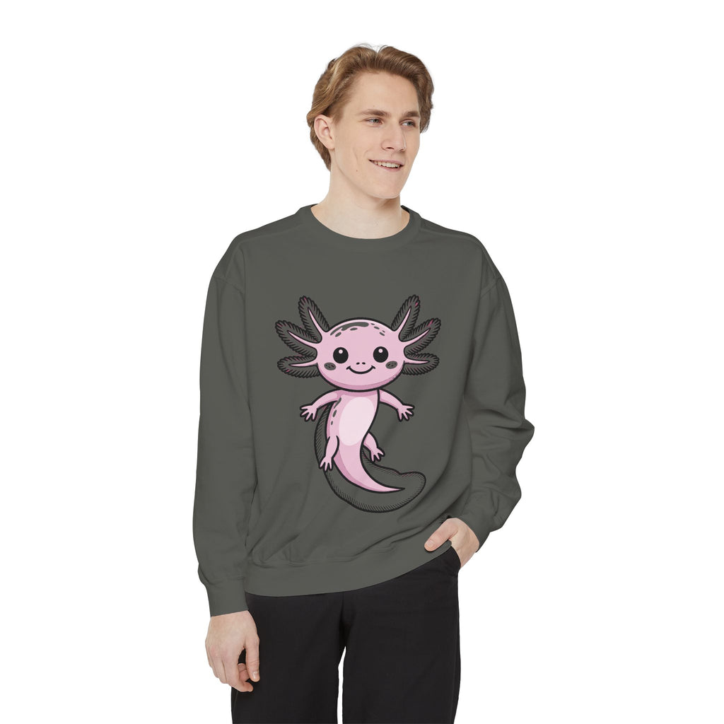 Cute Axolotl Sweatshirt, Smiling Axolotl Embroidered Crewneck, Kawaii Animal Lover Gift, Garment Dyed Pullover