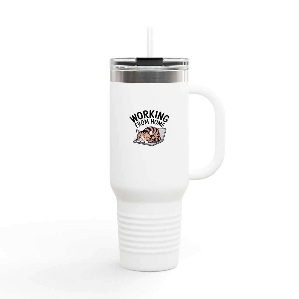 Working From Home Cat Travel Mug, Funny Cat Lover Tumbler, Cute Cat on Laptop 40oz Cup, WFH Gift for Coworker, Remote Work Mug