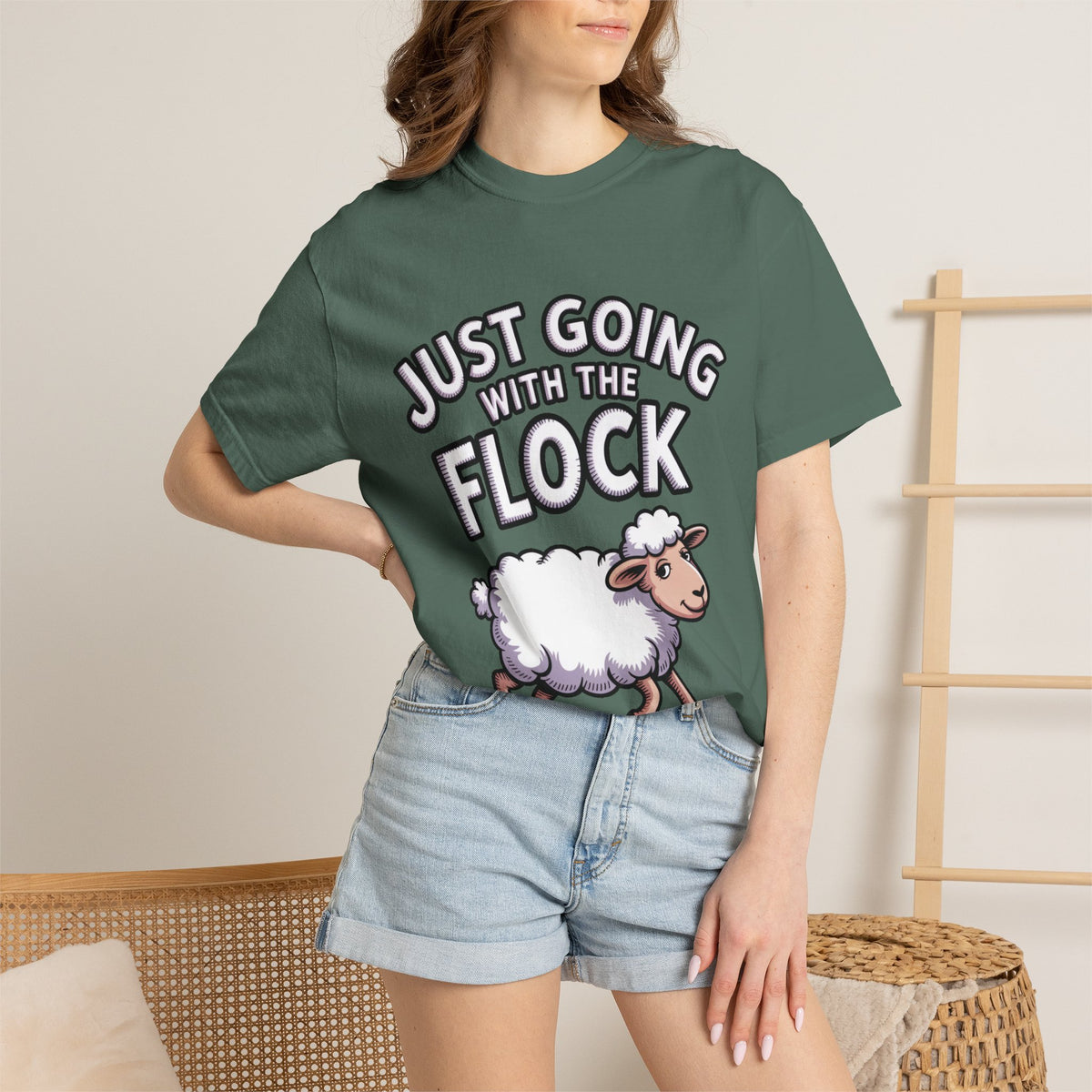 Funny Sheep T-Shirt, 'Just Going With The Flock' Shirt, Cute Cartoon Sheep Tee, Sarcastic Gift for Introverts