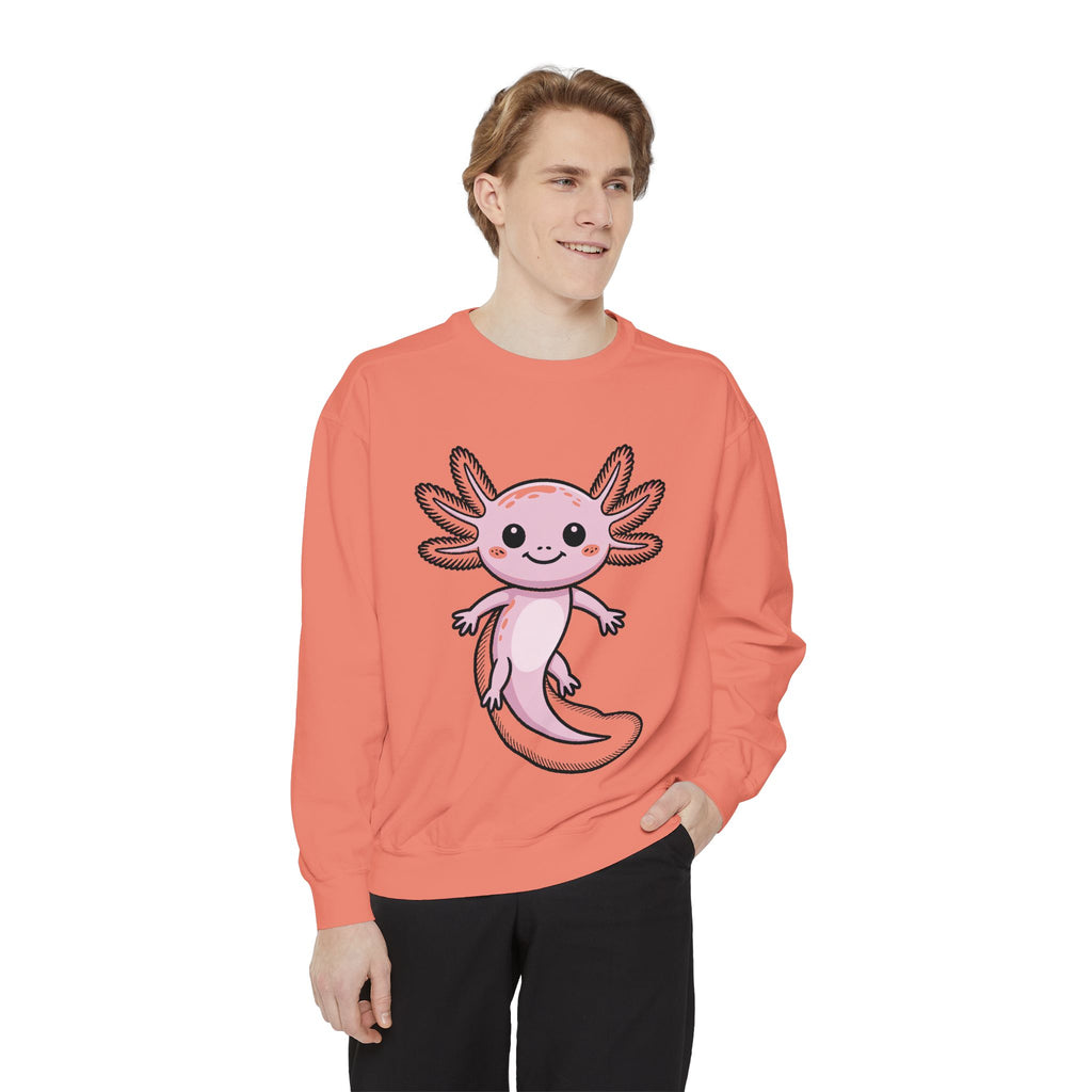 Cute Axolotl Sweatshirt, Smiling Axolotl Embroidered Crewneck, Kawaii Animal Lover Gift, Garment Dyed Pullover