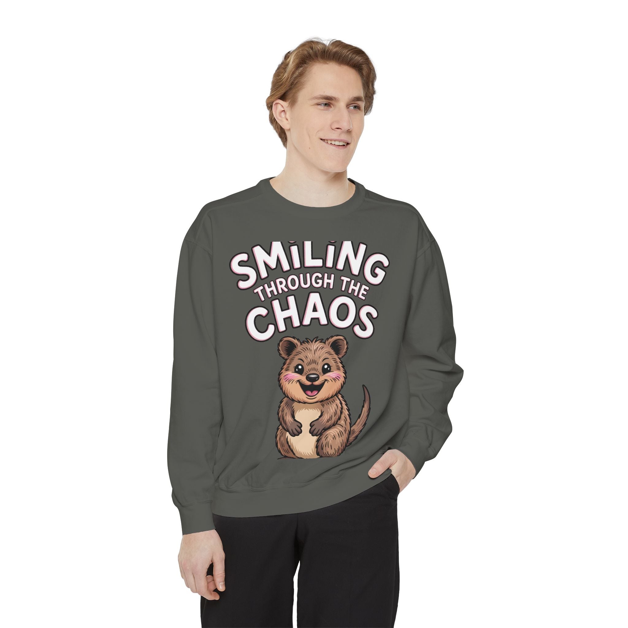 Smiling Through The Chaos Quokka Sweatshirt, Cute Embroidered-Look Crewneck, Funny Quokka Lover Gift, Positive Vibes Pullover