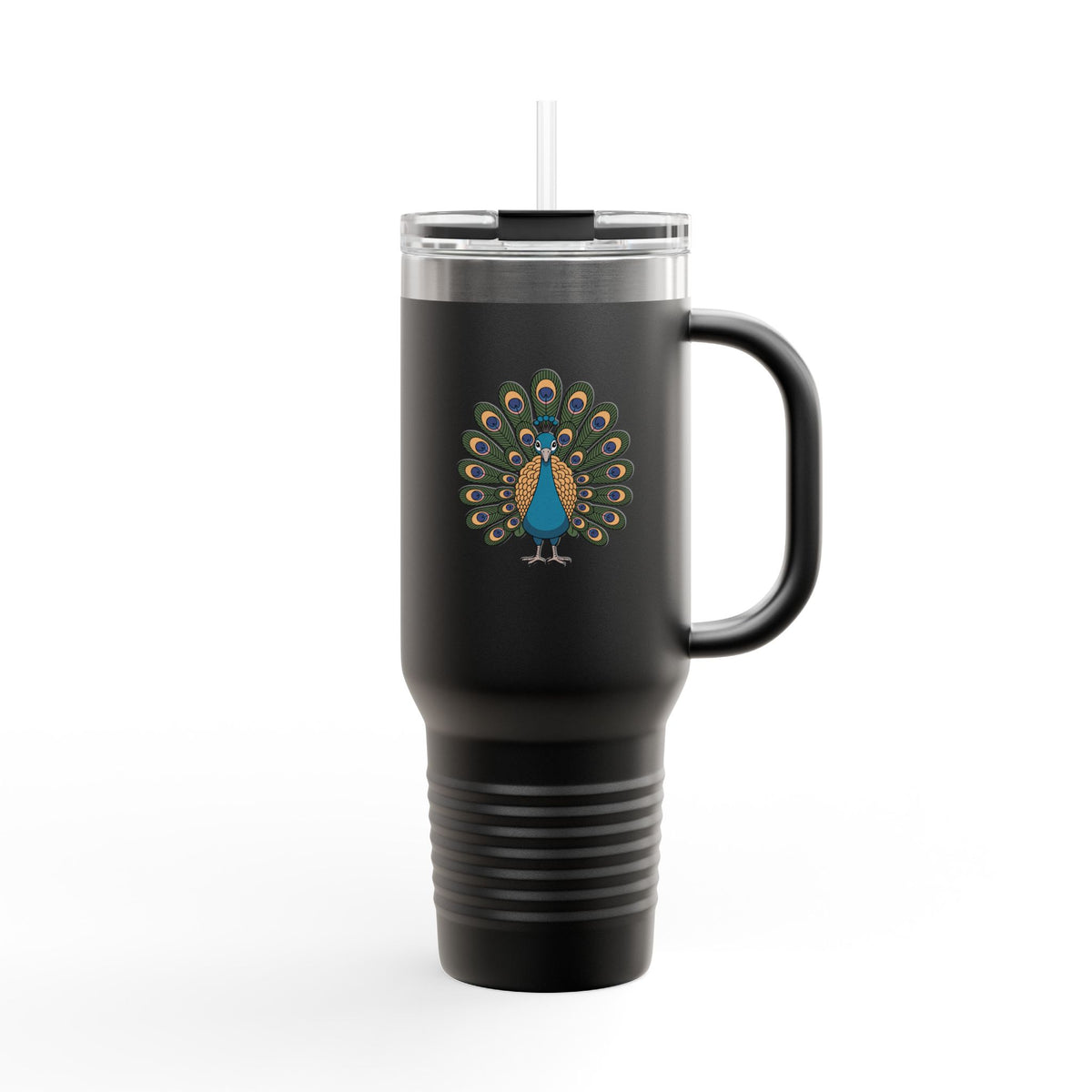 Peacock Travel Mug 40oz, Cute Peacock Feathers Tumbler with Handle, Bird Lover Gift, Insulated Stainless Steel Cup with Straw