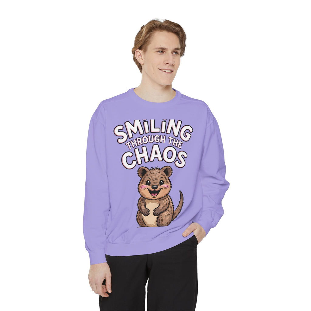 Smiling Through The Chaos Quokka Sweatshirt, Cute Embroidered-Look Crewneck, Funny Quokka Lover Gift, Positive Vibes Pullover