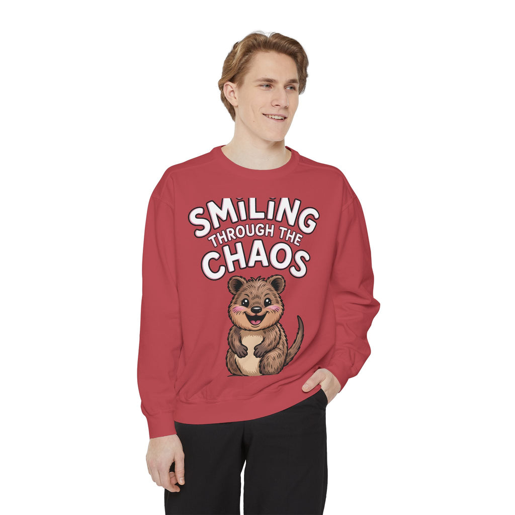 Smiling Through The Chaos Quokka Sweatshirt, Cute Embroidered-Look Crewneck, Funny Quokka Lover Gift, Positive Vibes Pullover